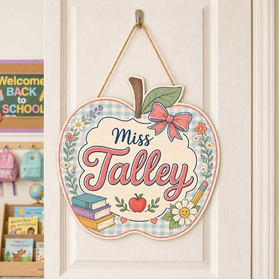 Personalized Teacher Name Wooden Sign Door Hanger Apple Style Classroom Sign Wooden Classroom Decor, Back to School Sign