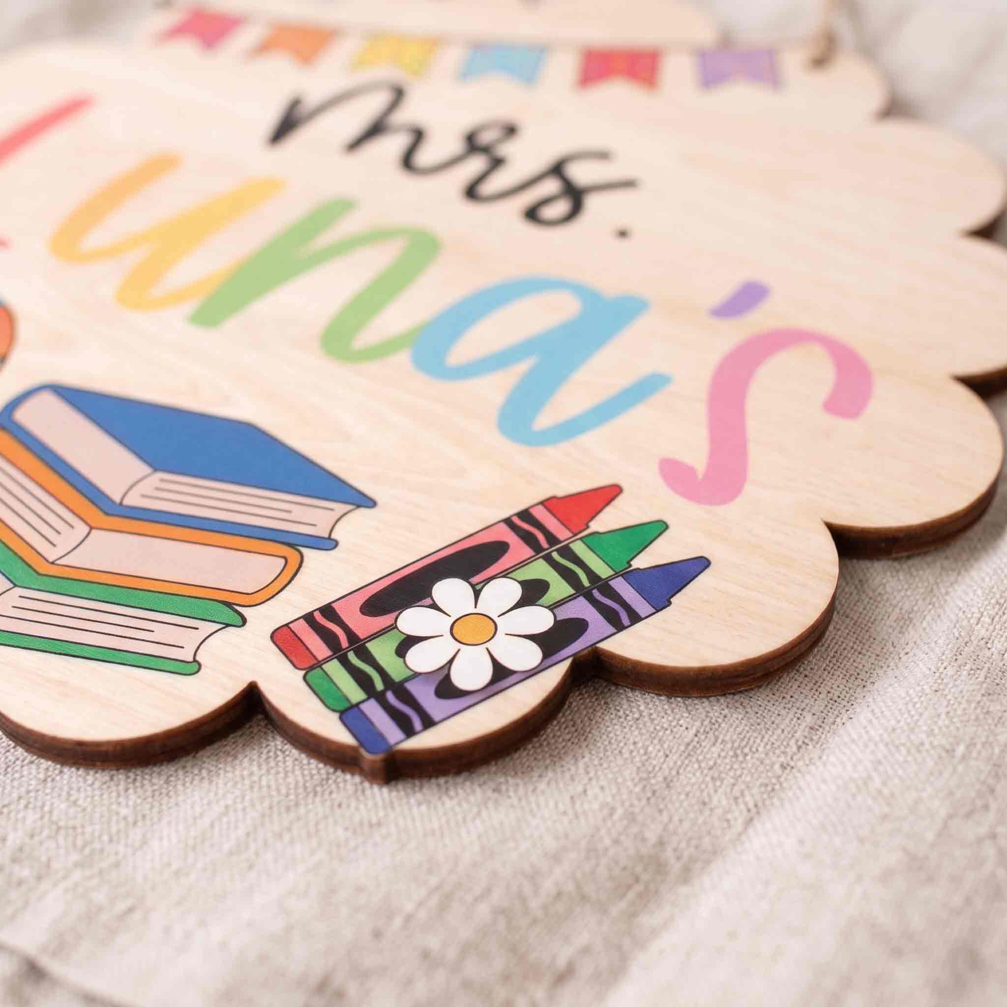 Personalized Elementary Teacher Classroom Wooden Sign, Custom Welcome Door Hanger with Books & Crayons, Back to School Decor