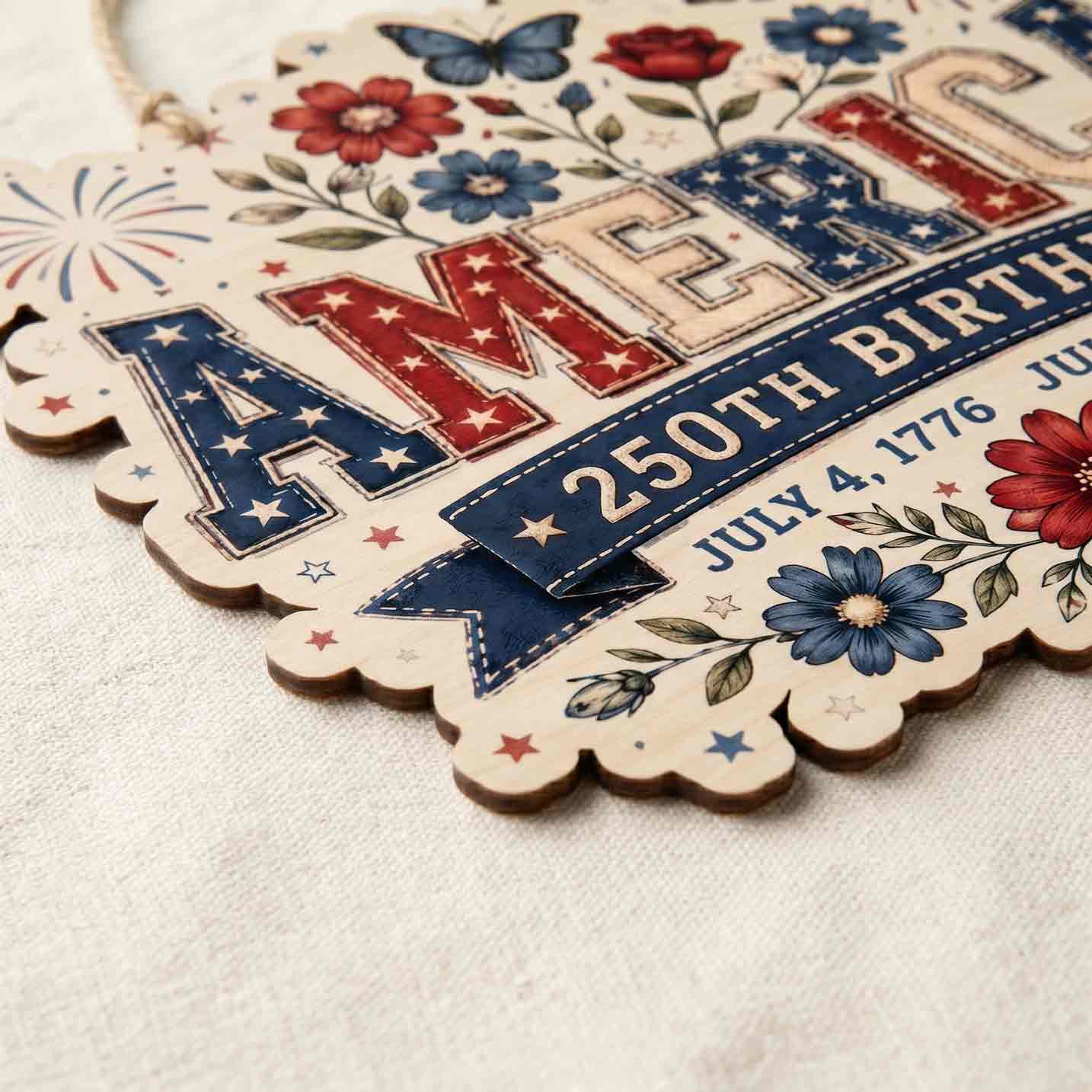 Patriotic Floral America 250th Birthday July 4 1776-2026 Wooden Sign