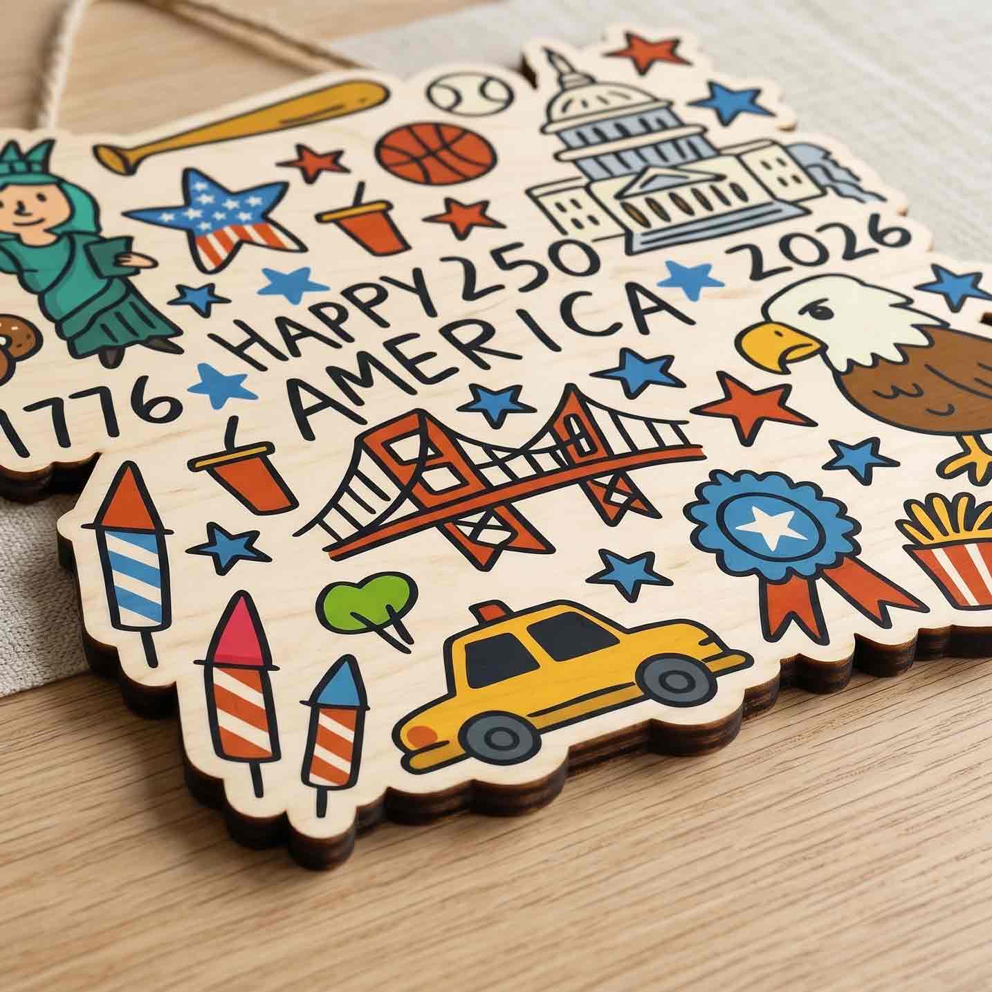 Happy 250 America 1776-2026 Doodle Patriotic Wooden Sign