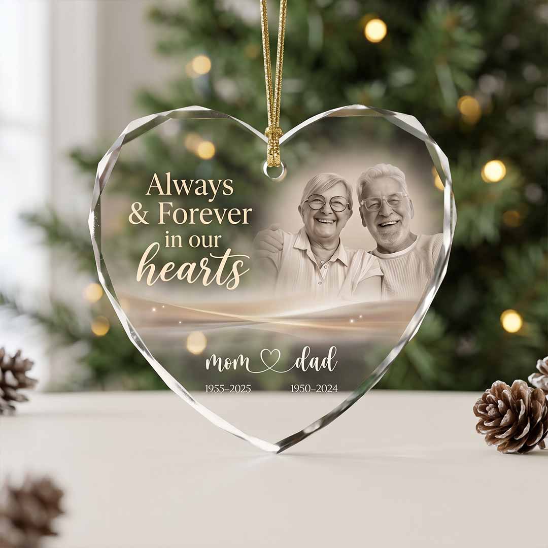 Always And Forever In Our Hearts Mom And Dad Personalized Memorial Custom Name Date Photo Parents Sympathy Gift Heart Glass Christmas Ornament