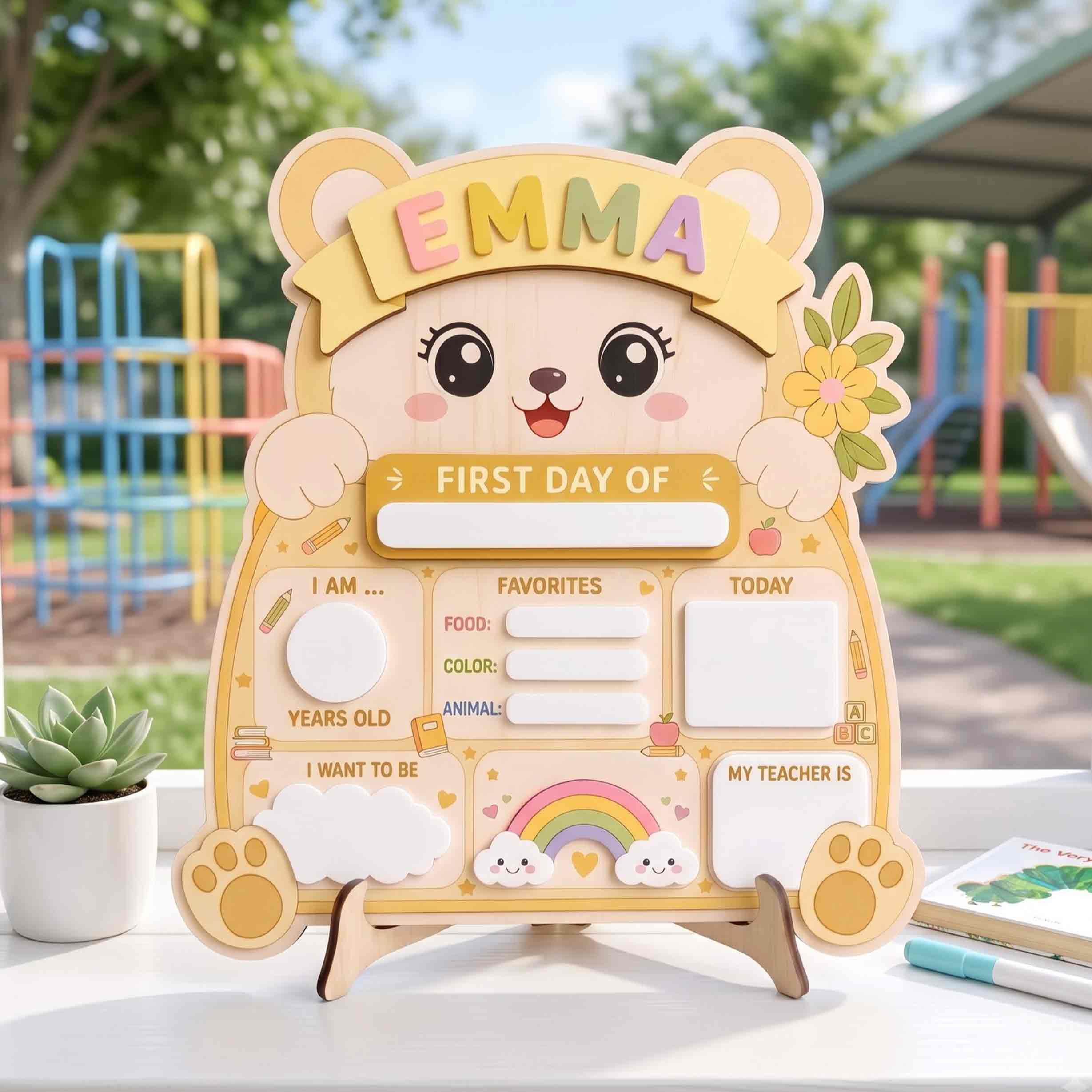 Personalized Yellow Teddy Bear First & Last Day School Sign, Reusable Dry Erase Board, Back to School Sign