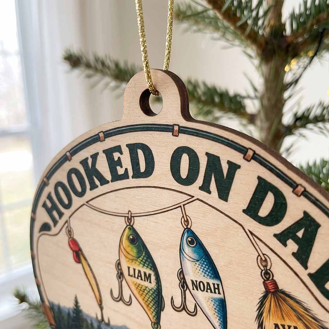 Hooked On Dad Family Fishing Father Keepsake Personalized Custom Name Date Fishing 1-Layer Wooden Christmas Ornament for Dad Gift