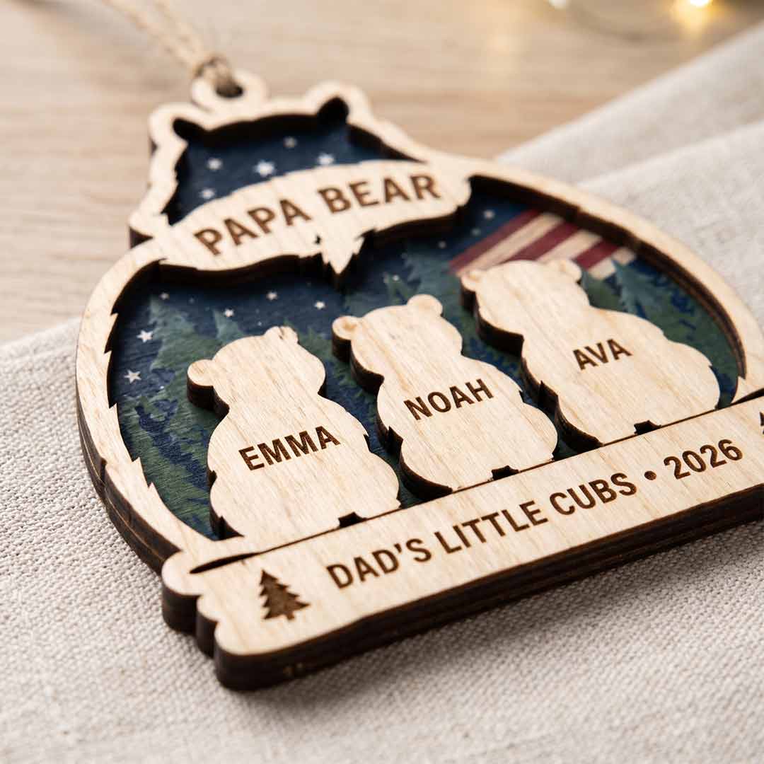 Papa Bear Little Cubs Personalized Custom Name Family 2-Layer Wooden Christmas Ornament Father and Kids Christmas Gift