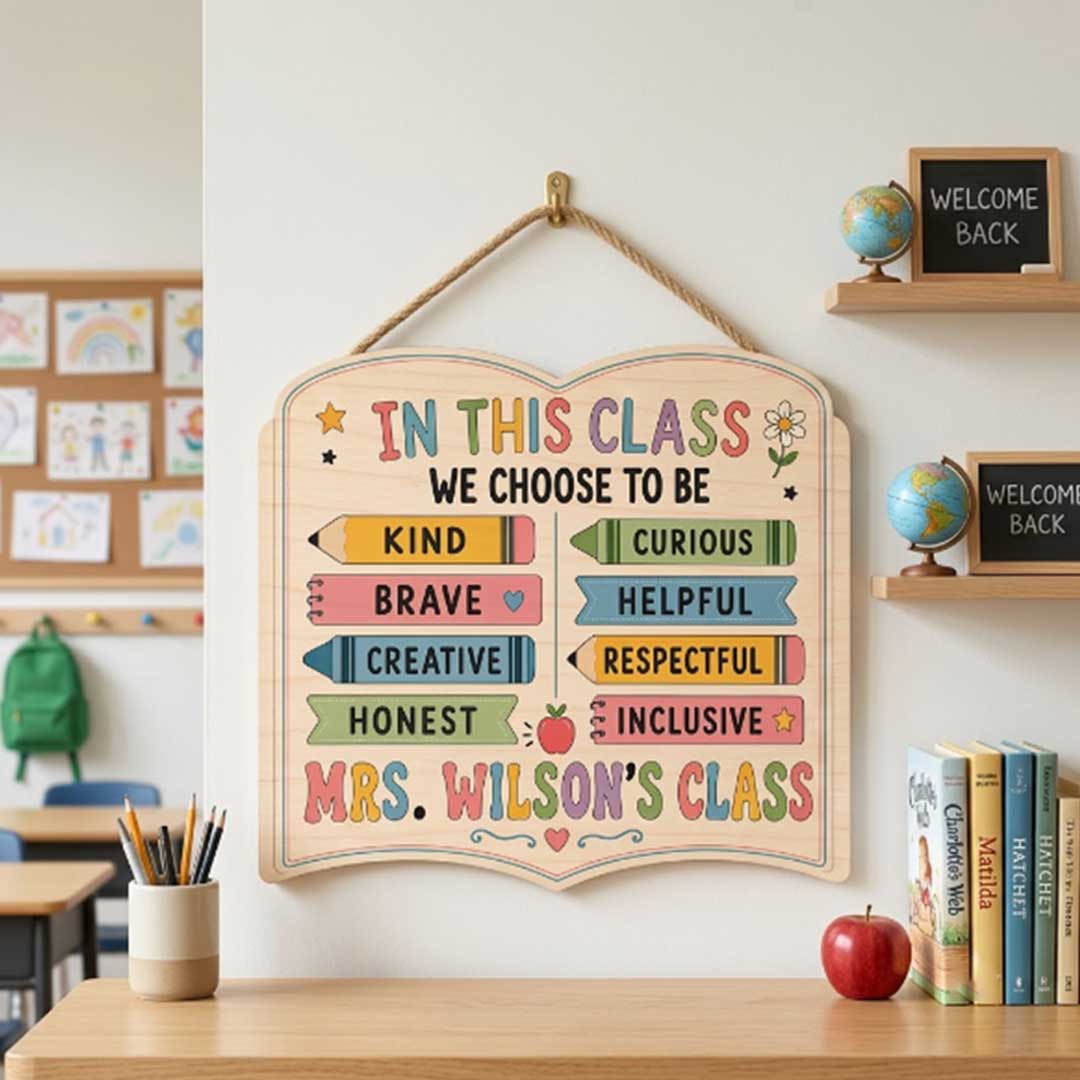 Personalized Teacher Name Wooden Sign Door Hanger In This Classroom We Choose To Be Wooden Classroom Decor, Back to School Sign