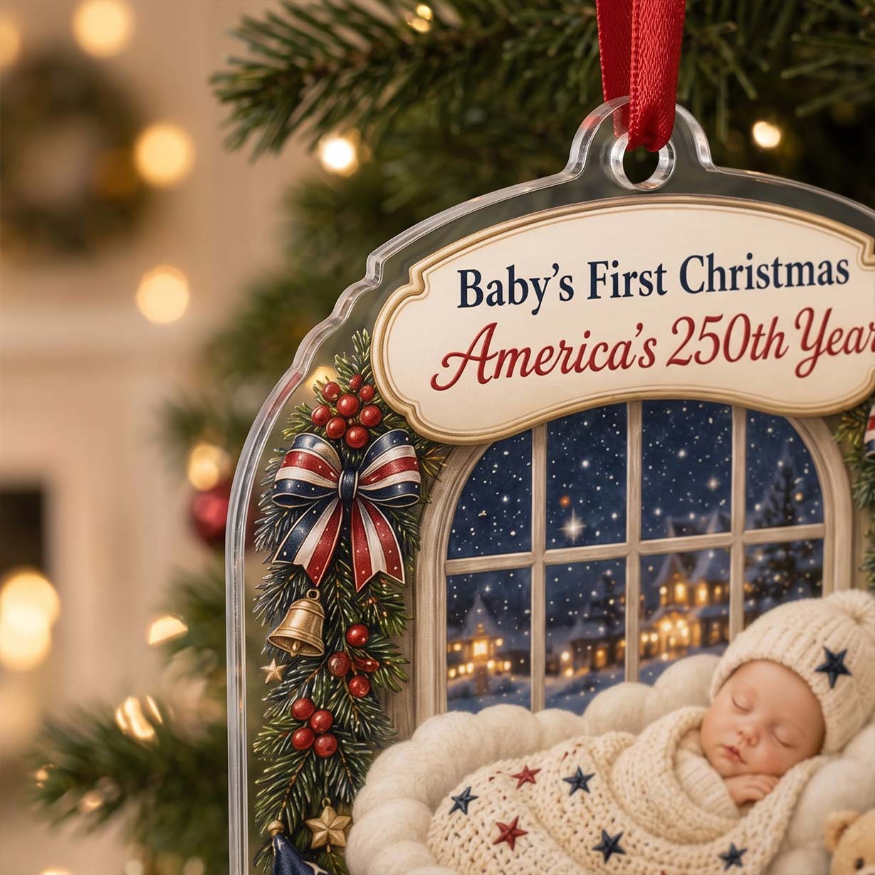 Winter Window Sleeping Baby America's 250th Year Custom Name Baby's First Christmas Acrylic Christmas Ornament Baby Christmas Keepsake Gift