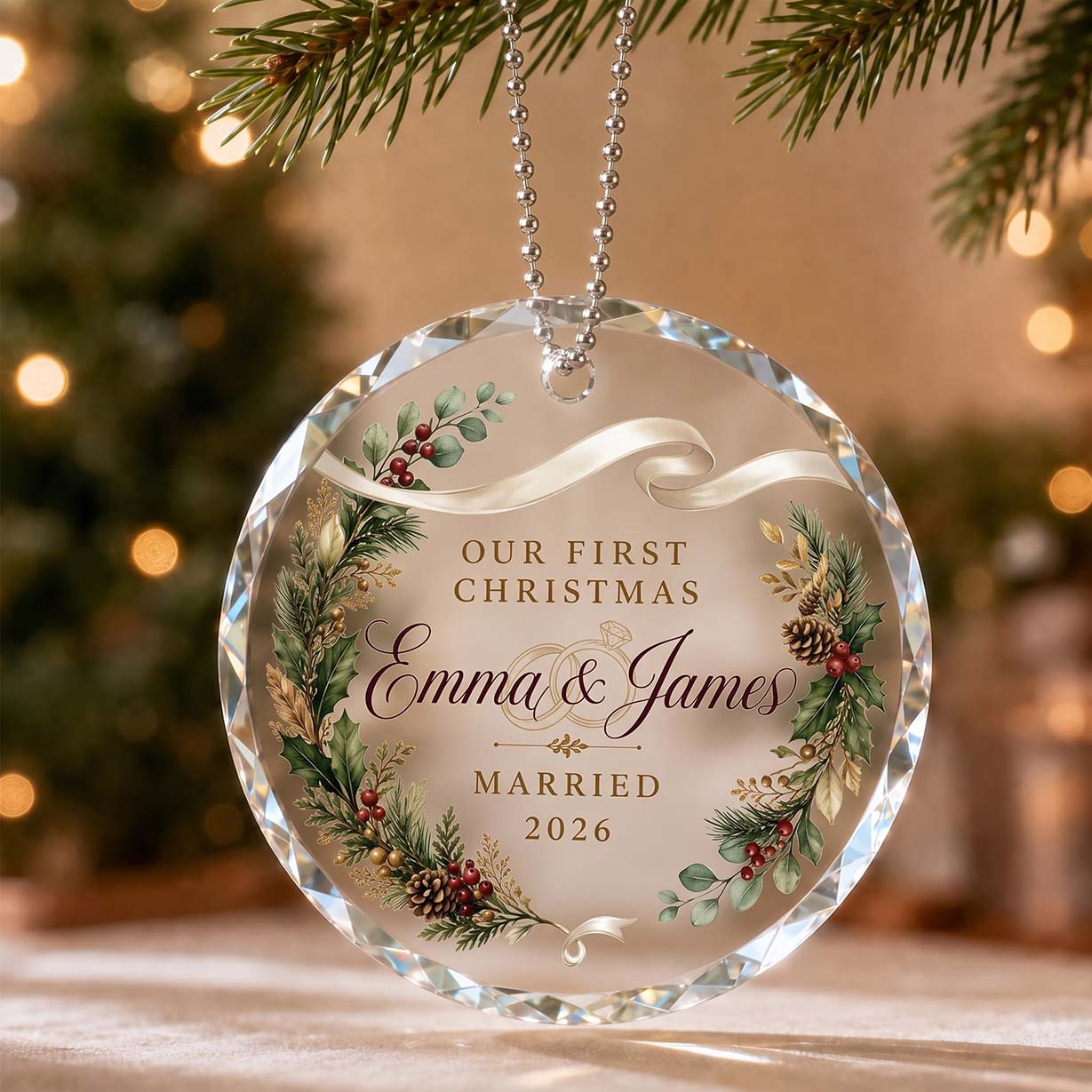 Our First Christmas Golden Greenery Wreath Custom Names Date First Married Christmas Round Glass Christmas Ornament
