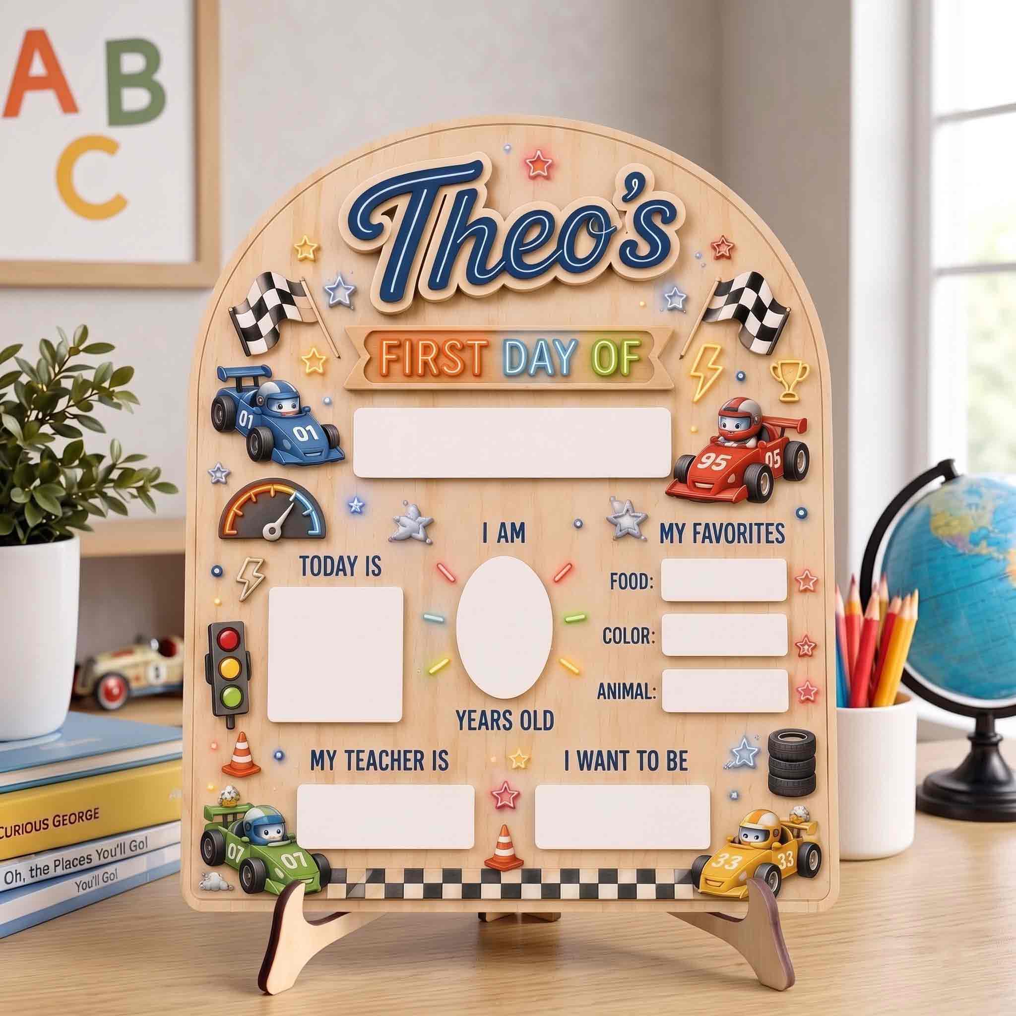 Personalized Speed Racing Theme First & Last Day School Sign, Reusable Dry Erase Board, Back to School Sign