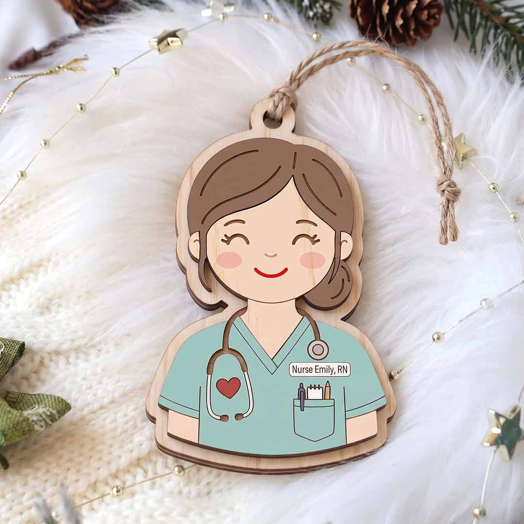 Nurse Portrait Personalized Custom Name Nurse 2-Layer Wooden Christmas Ornament Nurse Appreciation Christmas Gift