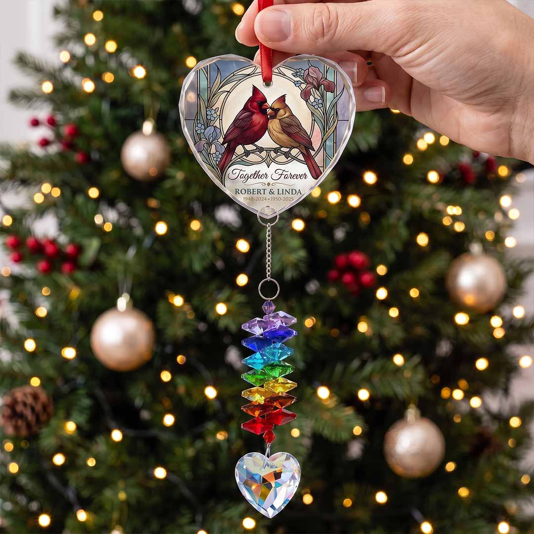 Together Forever Cardinal Love Personalized Couple Custom Name Date Memorial Keepsake Heart Glass Christmas Ornament With Crystal Charm
