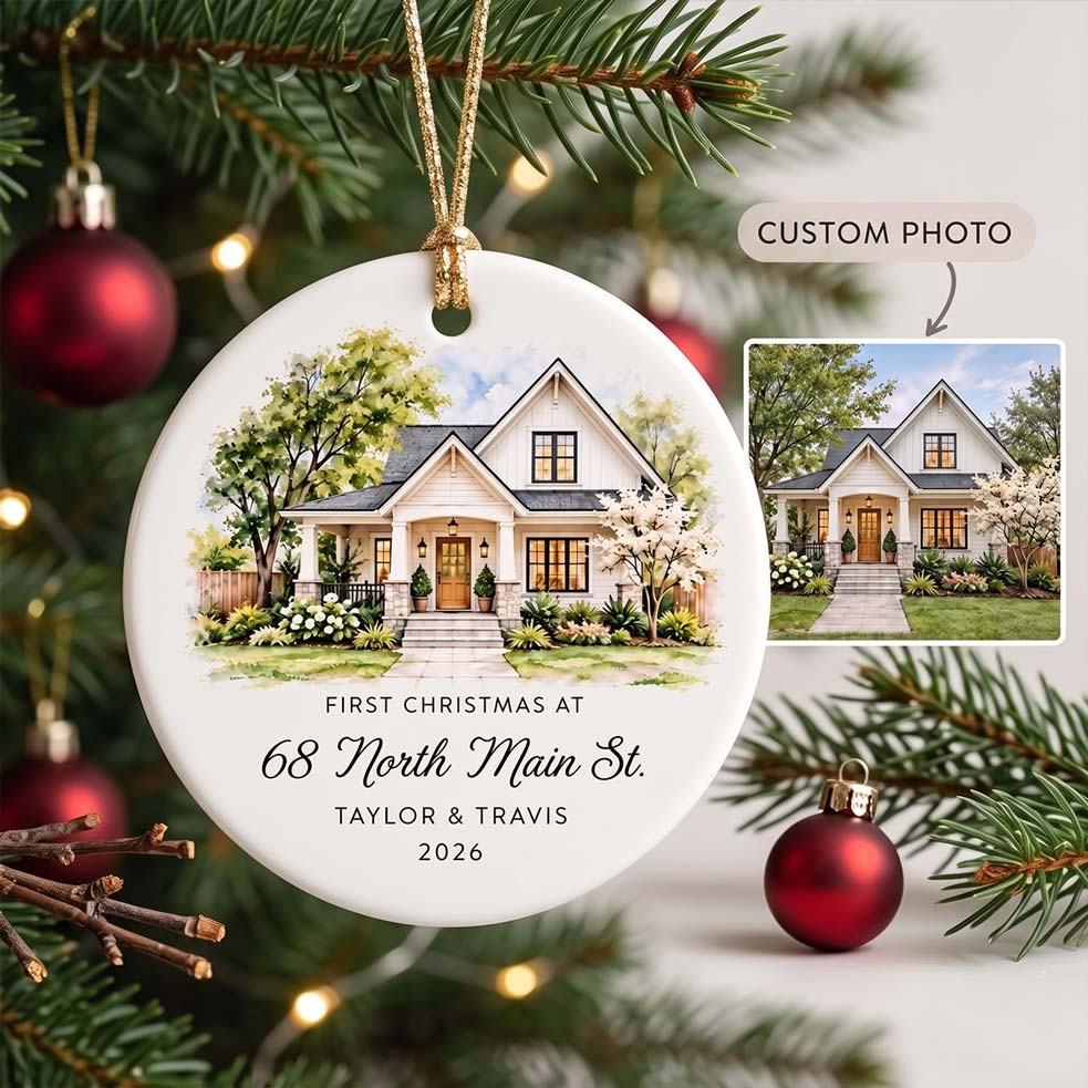 First Christmas in New Home Custom Name Address Photo New Home Round Ceramic Christmas Ornament New Home Keepsake Gift