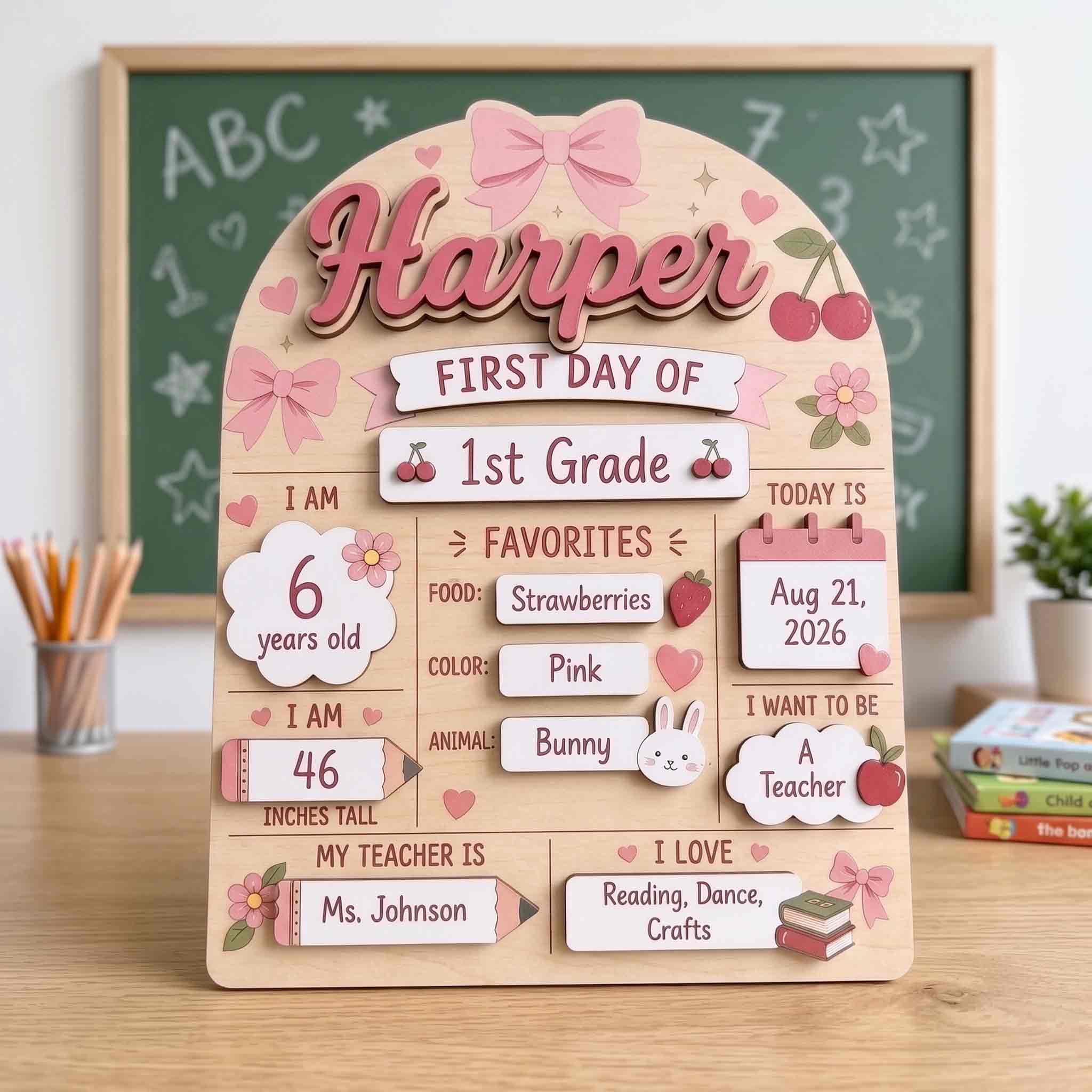 Personalized Pink Bow First Day School Board, Reusable Dry Erase Board, Back to School Sign