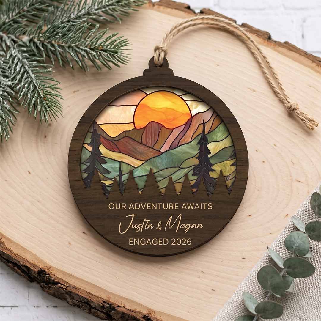Engagement Mountain Sunset Personalized Custom Name Date Engagement 2-Layer Wooden Christmas Ornament Engagement Keepsake for Newly Engaged Couple