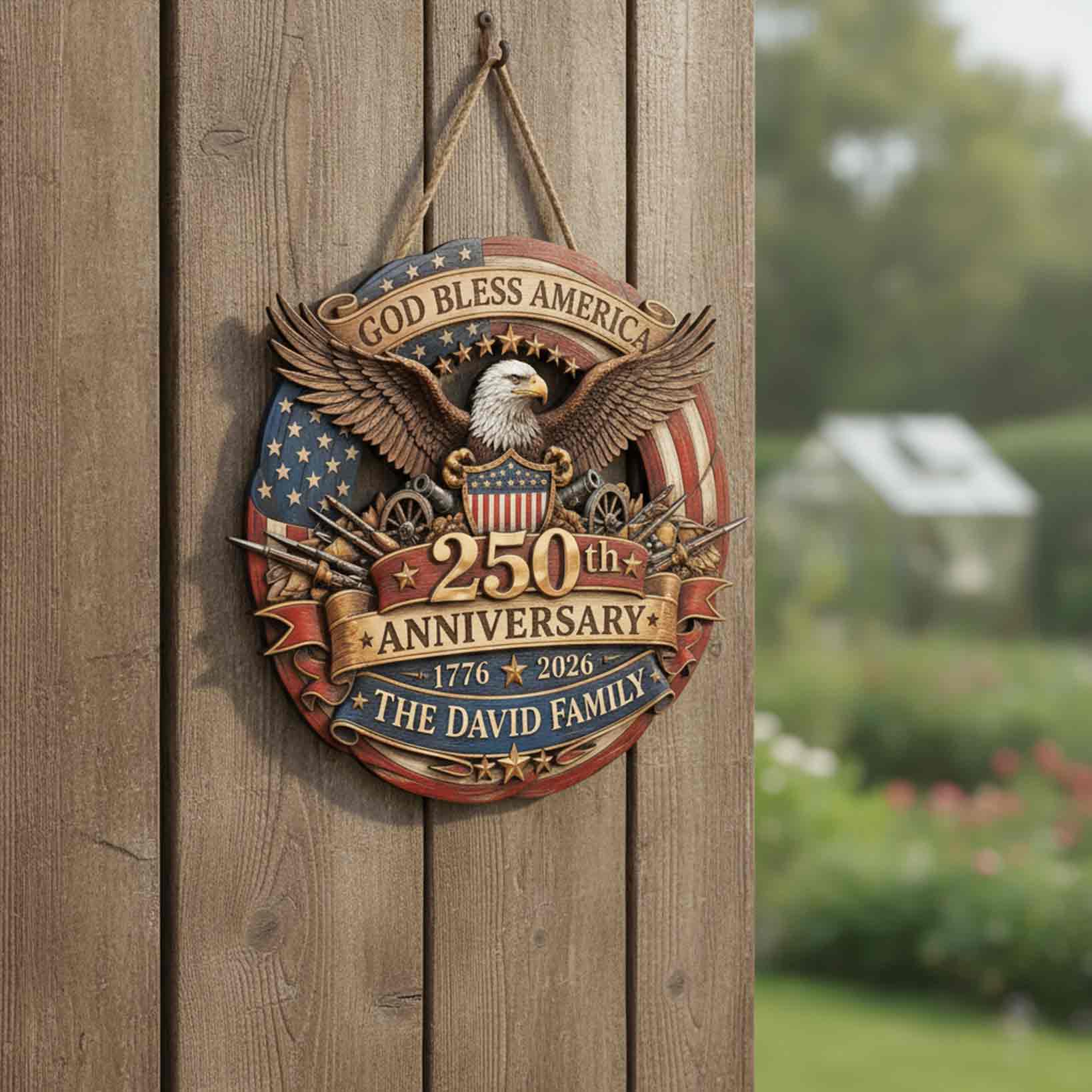 Personalized America 250 Wooden Sign With Custom Family Name and Eagle Design