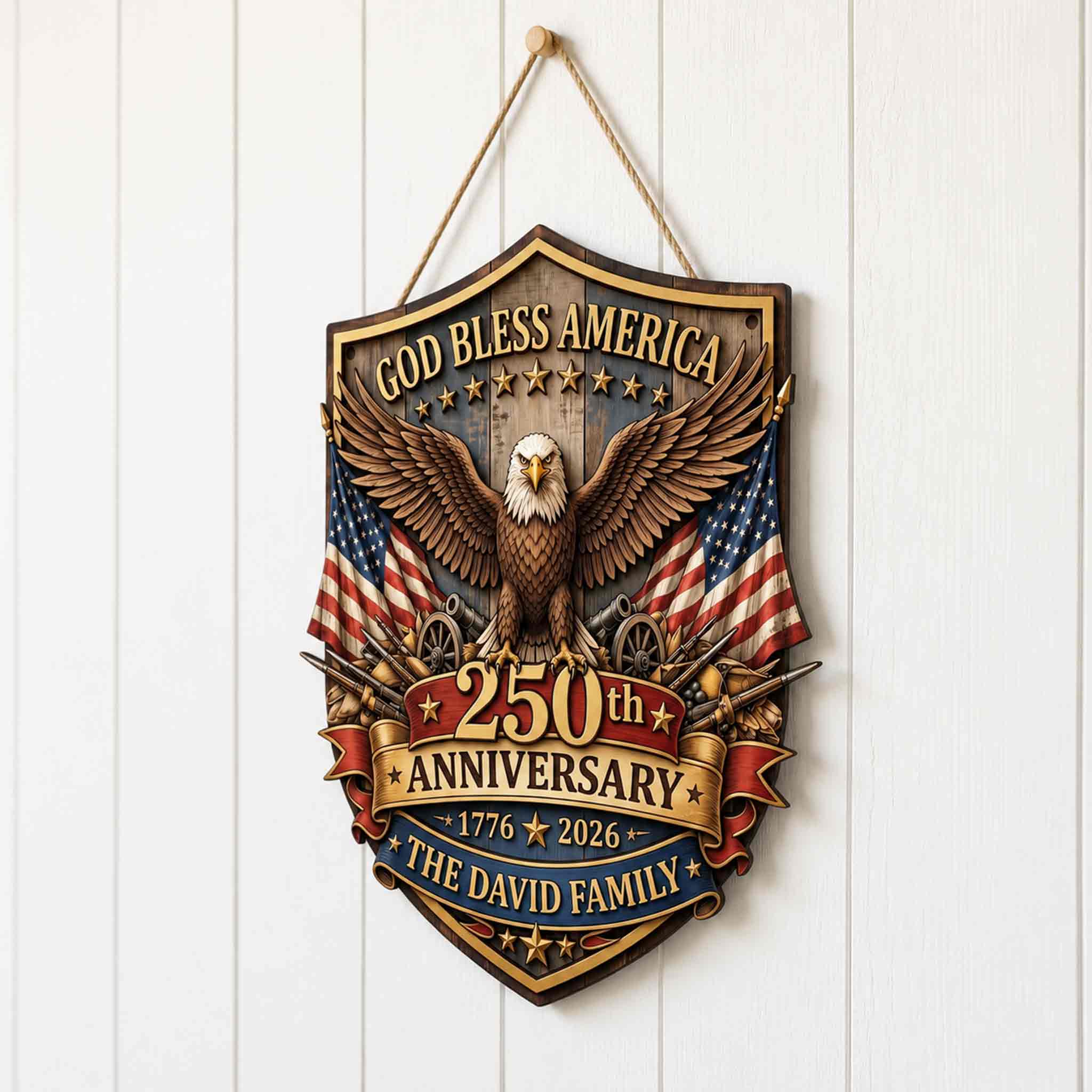 Personalized America 250th Anniversary Wooden Sign Patriotic Family Name Decor