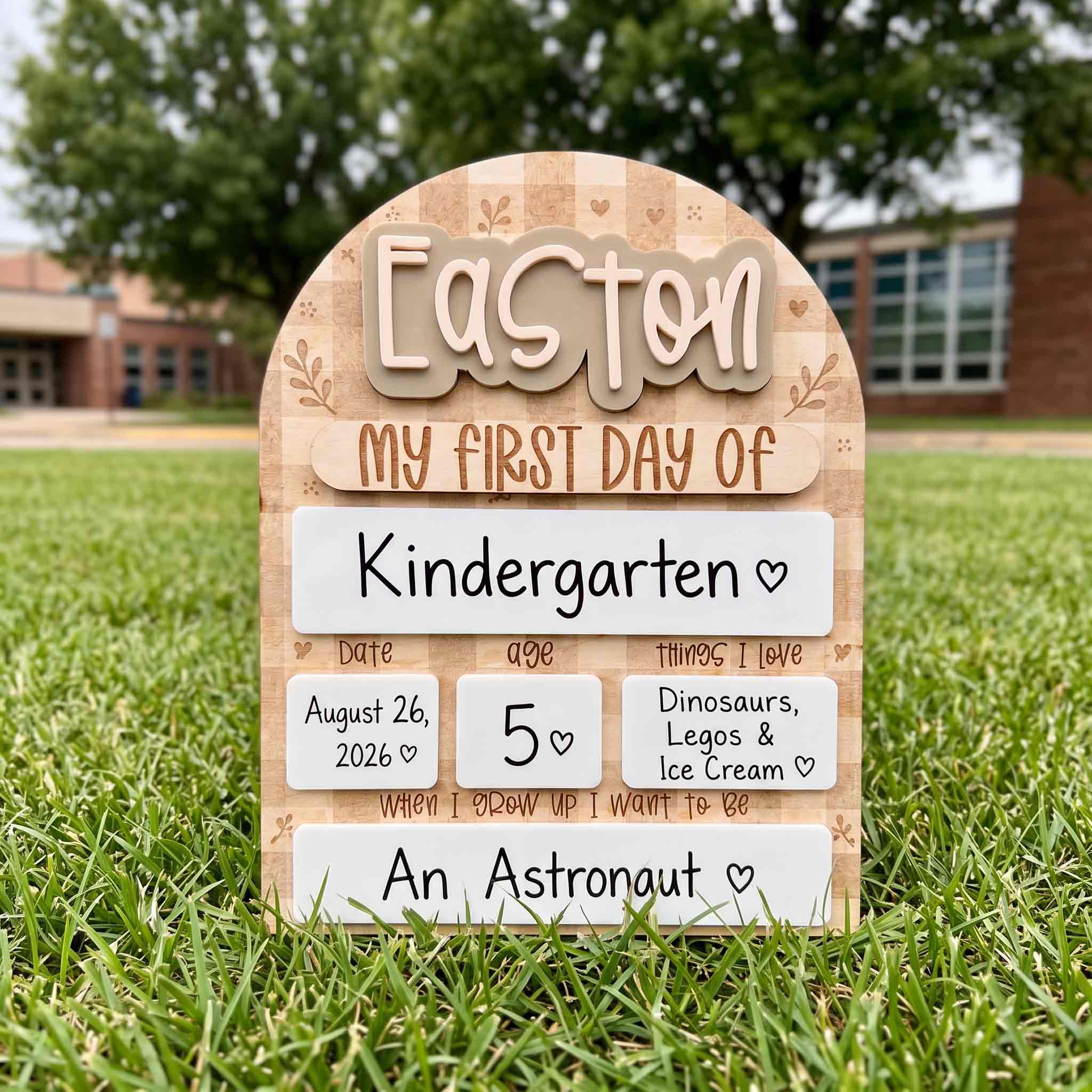 Personalized Beige Gingham First & Last Day School Sign, Reusable Dry Erase Board, Back to School Sign