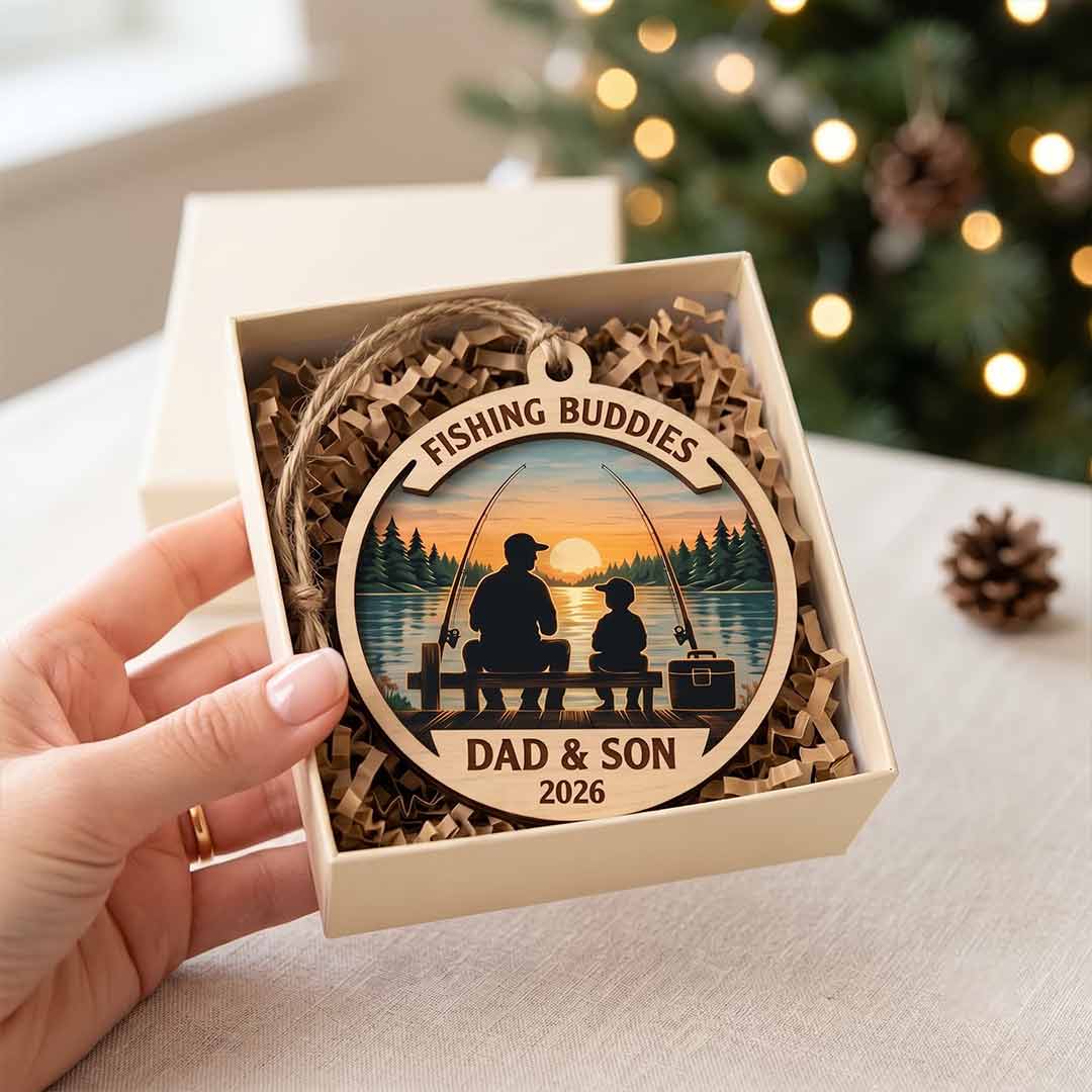 Fishing Buddies Dad and Son Custom Name Date Fishing 2-Layer Wooden Ornament