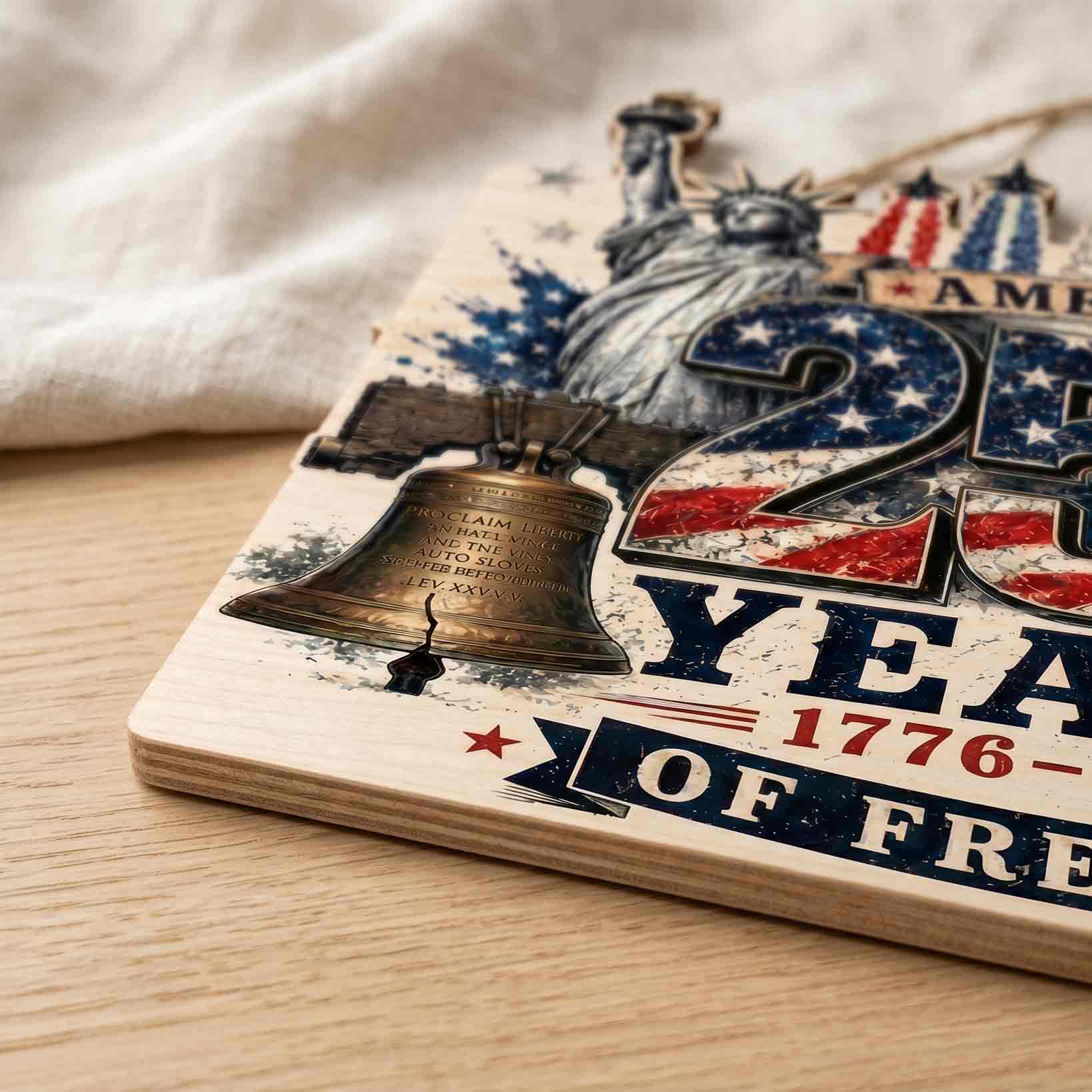 America 250 Years of Freedom 1776-2026 Statue of Liberty Bald Eagle Liberty Bell Patriotic Wooden Sign