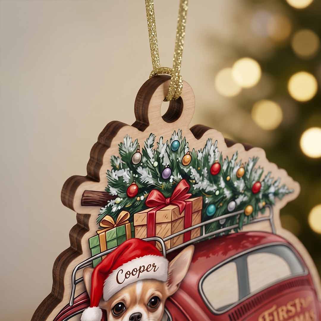 Personalized Pet First Christmas Vintage Car Custom Name Date Dog Photo Dog Lover Gift Wooden Christmas Ornament