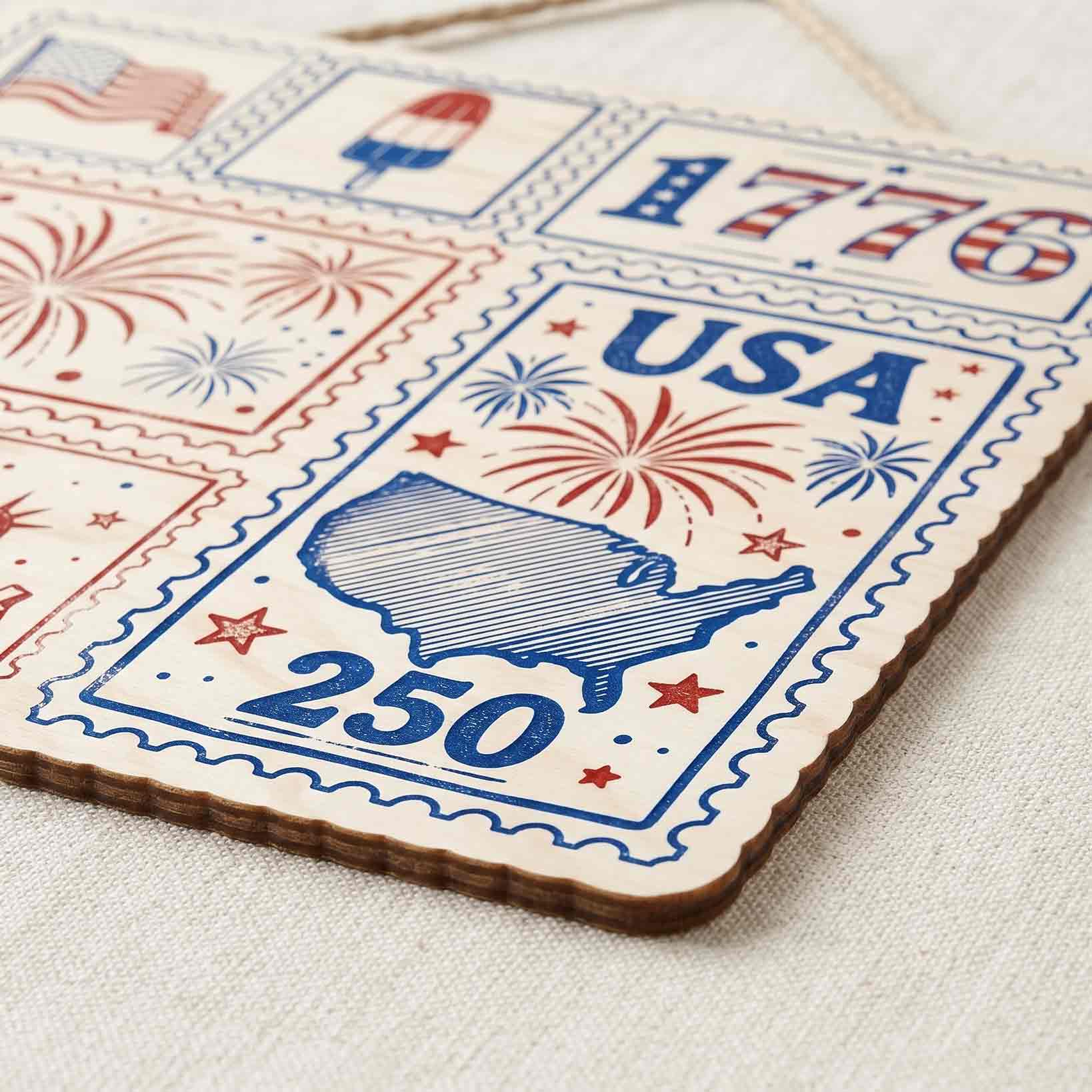 USA 250 Retro Stamp Style Wooden Sign 1776-2026