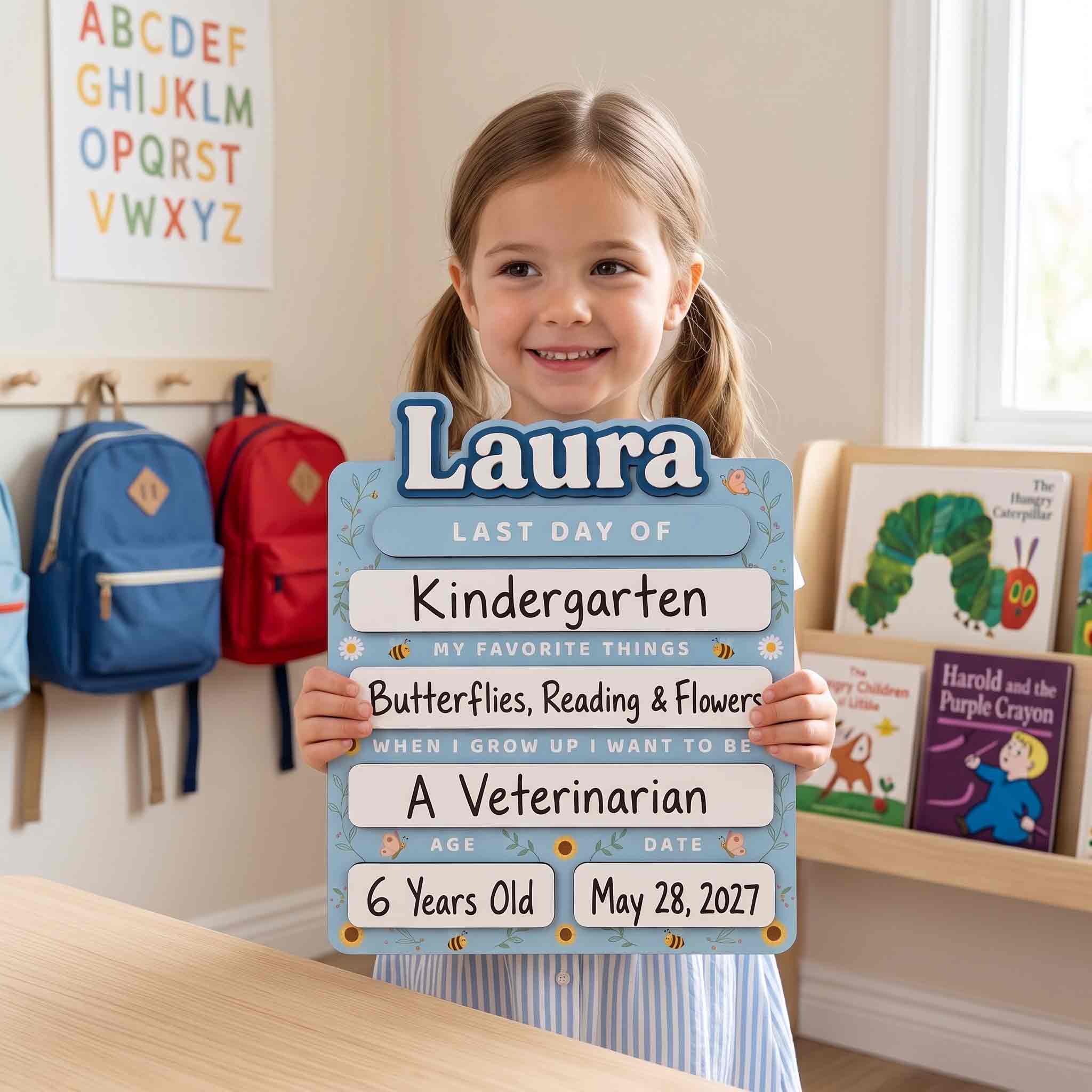 Personalized Blue Wildflower First & Last Day School Board, Reusable Dry Erase Board, Back to School Sign