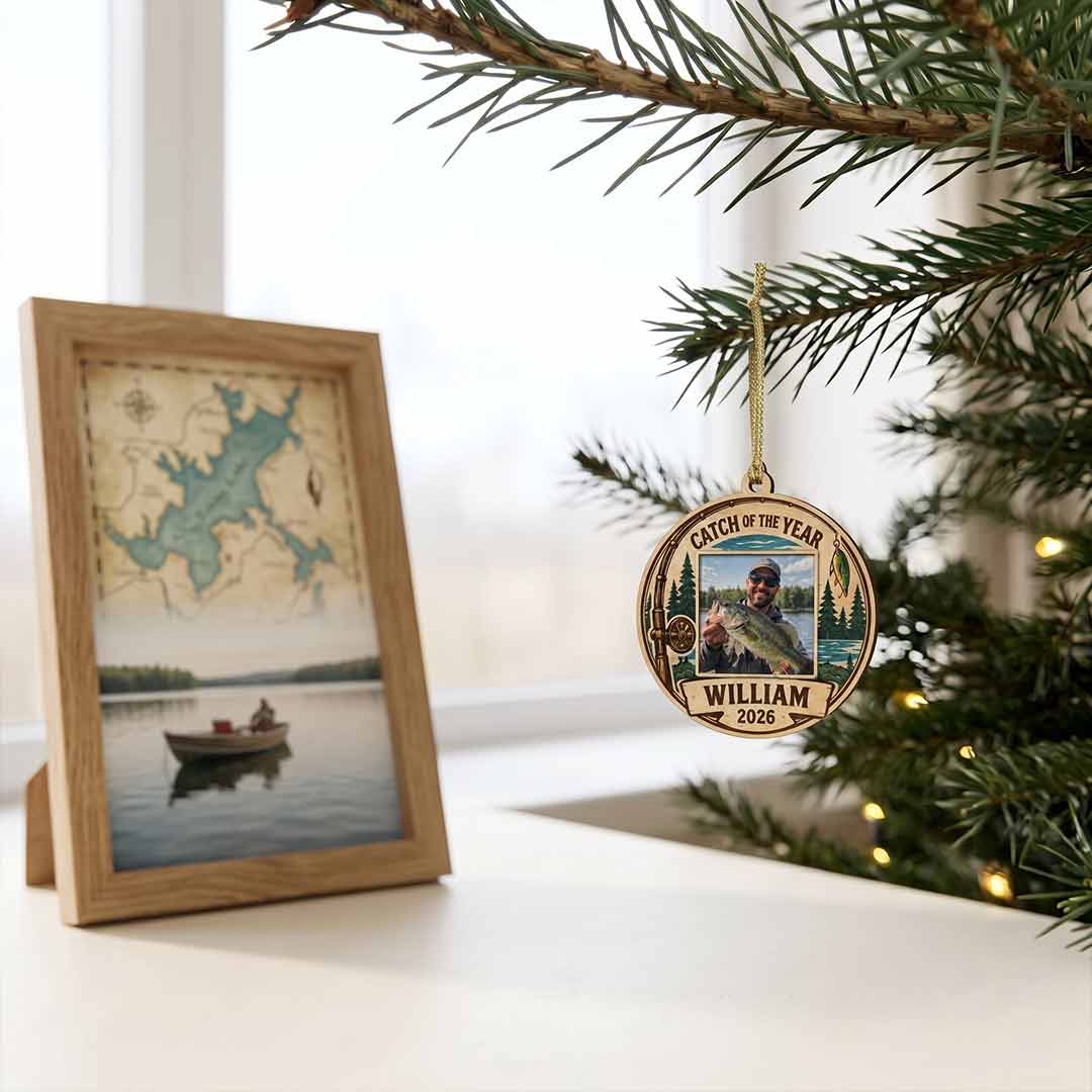 Catch of the Year Fishing Rod Fisherman Keepsake Personalized Custom Name Photo Fishing 1-Layer Wooden Christmas Ornament for Fishing Lovers Gift