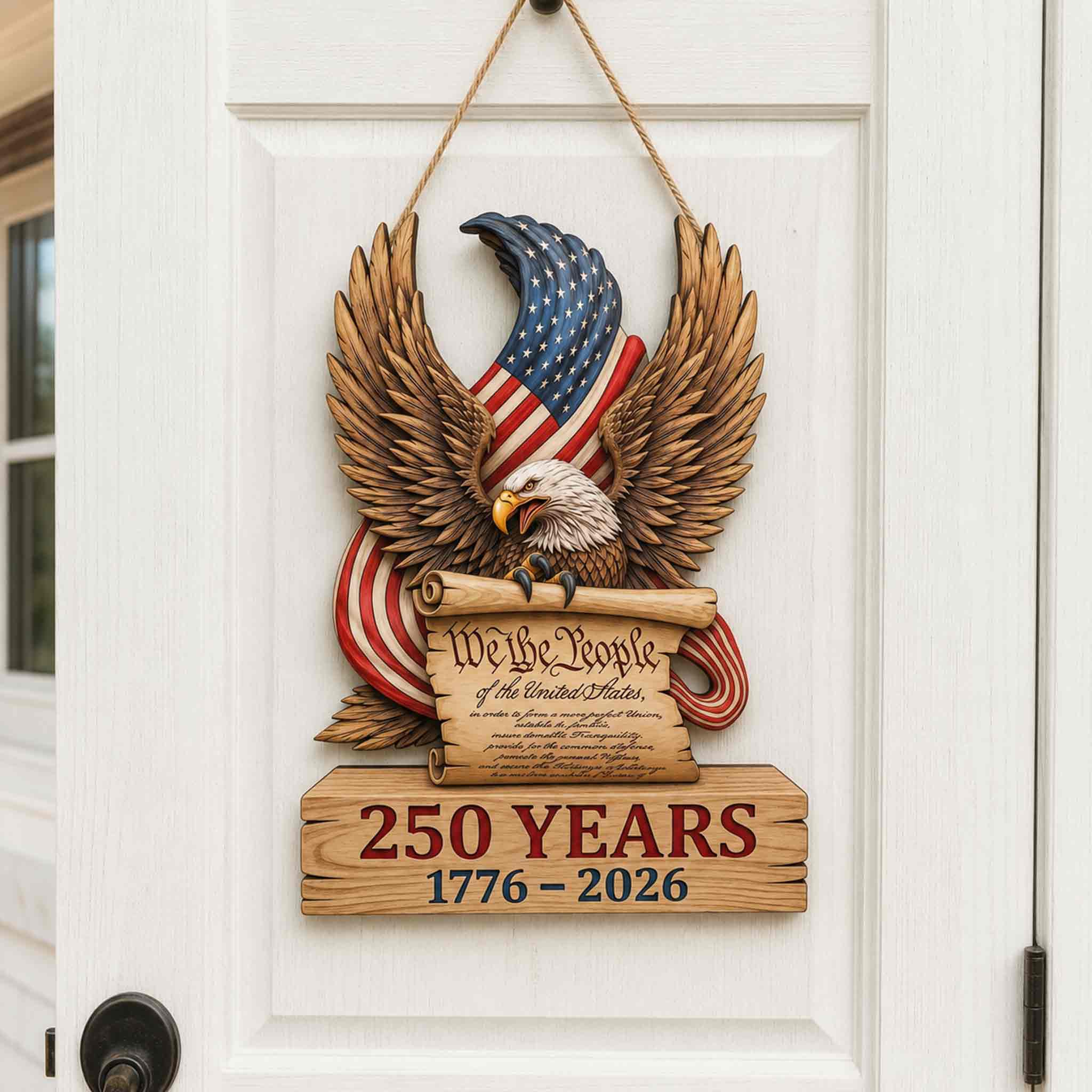 America 250 Wooden Sign Featuring We The People and Bald Eagle Design
