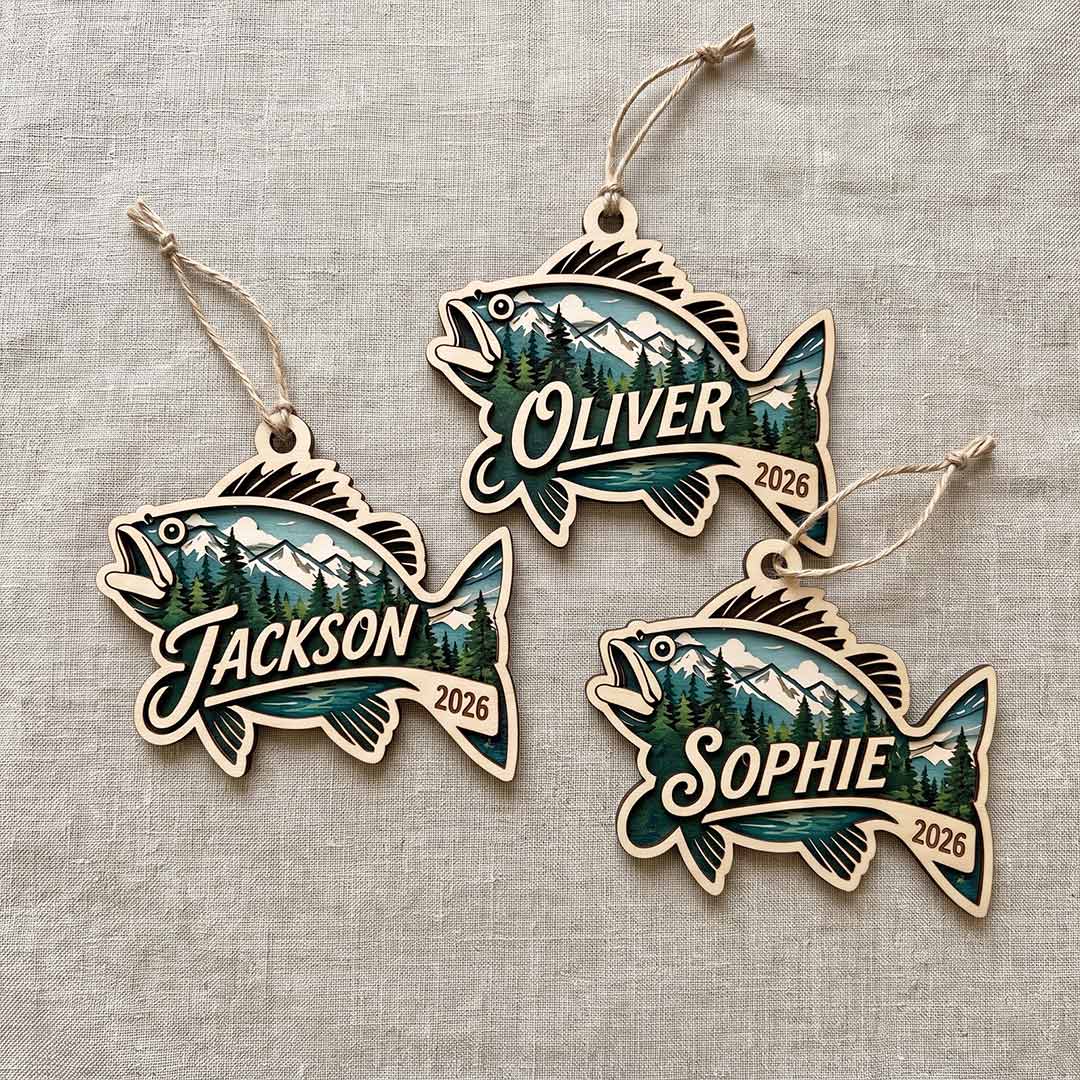 Mountain Bass Fishing Personalized Custom Name Date Fishing 2-Layer Wooden Christmas Ornament Christmas Gift for Anglers