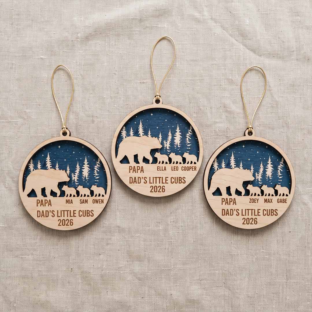 Dad's Little Cubs Bear Personalized Custom Name Date Family 2-Layer Wooden Christmas Ornament Father and Kids Christmas Gift
