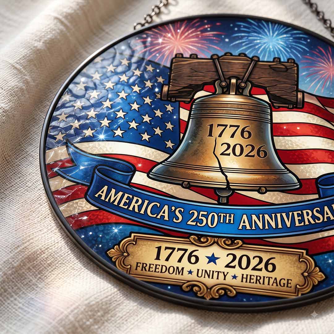 America's 250th Liberty Bell 1776-2026 Freedom Unity Heritage Patriotic Stained Glass Suncatcher Christmas Ornament