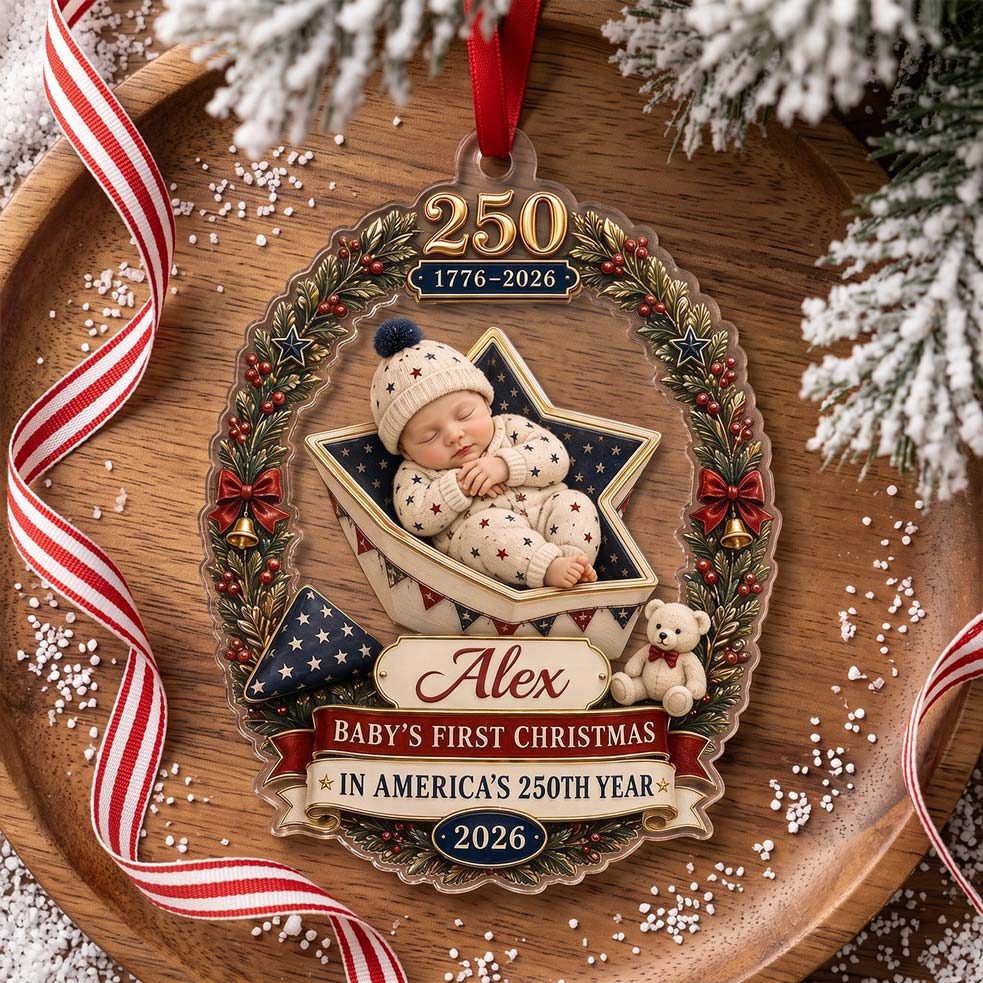 Star Cradle Baby America's 250th Year Custom Name Baby's First Christmas Acrylic Christmas Ornament Patriotic