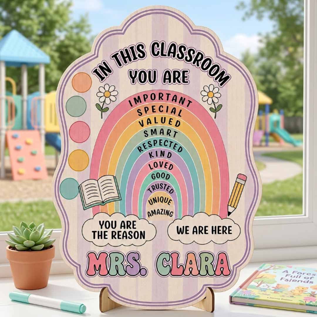 Personalized Teacher Name Wooden Sign Door Hanger You Are Reason Rainbow Themes Wooden Classroom Decor, Back to School Sign