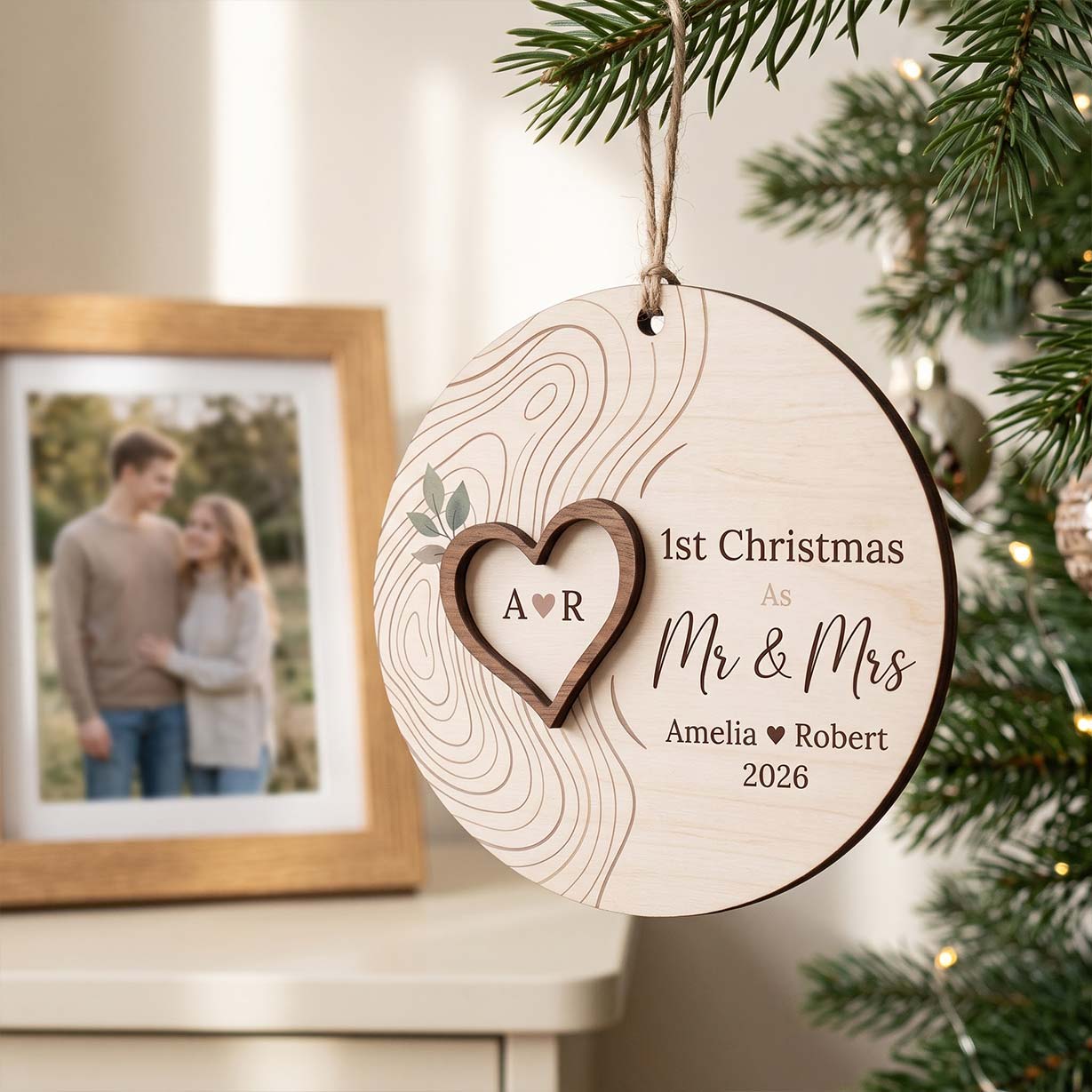 First Christmas Mr and Mrs Heart Custom Names Date First Married Christmas Wooden Ornament