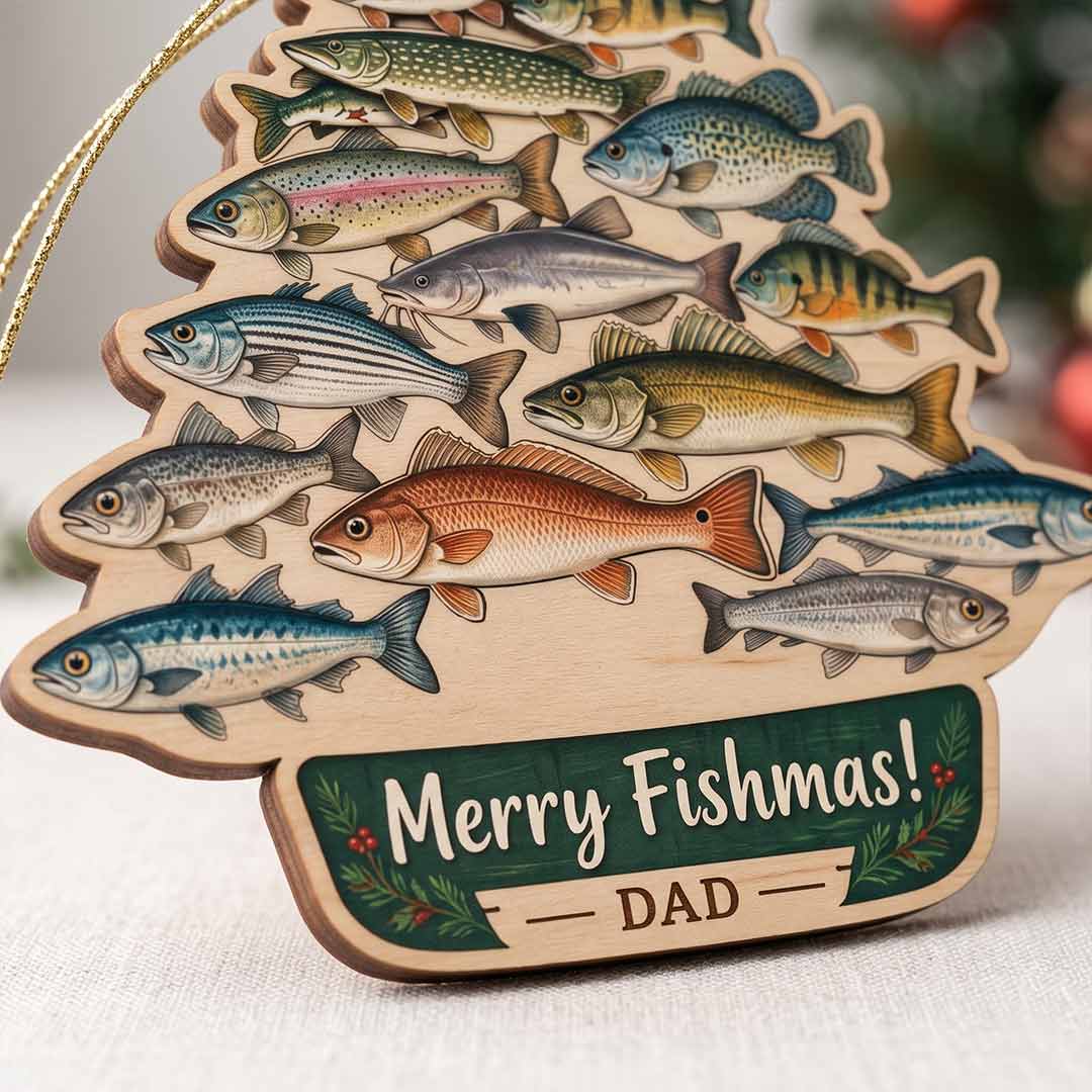 Merry Fishmas Fishing Tree Holiday Keepsake Personalized Custom Name Fishing 1-Layer Wooden Christmas Ornament for Fishing Lovers