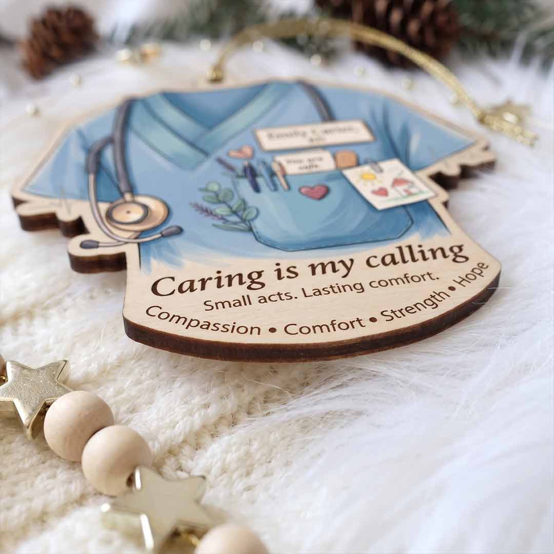 Caring Is My Calling Nurse Healthcare Appreciation Personalized Custom Name Nurse Keepsake 1-Layer Wooden Christmas Ornament for Nurses Gift