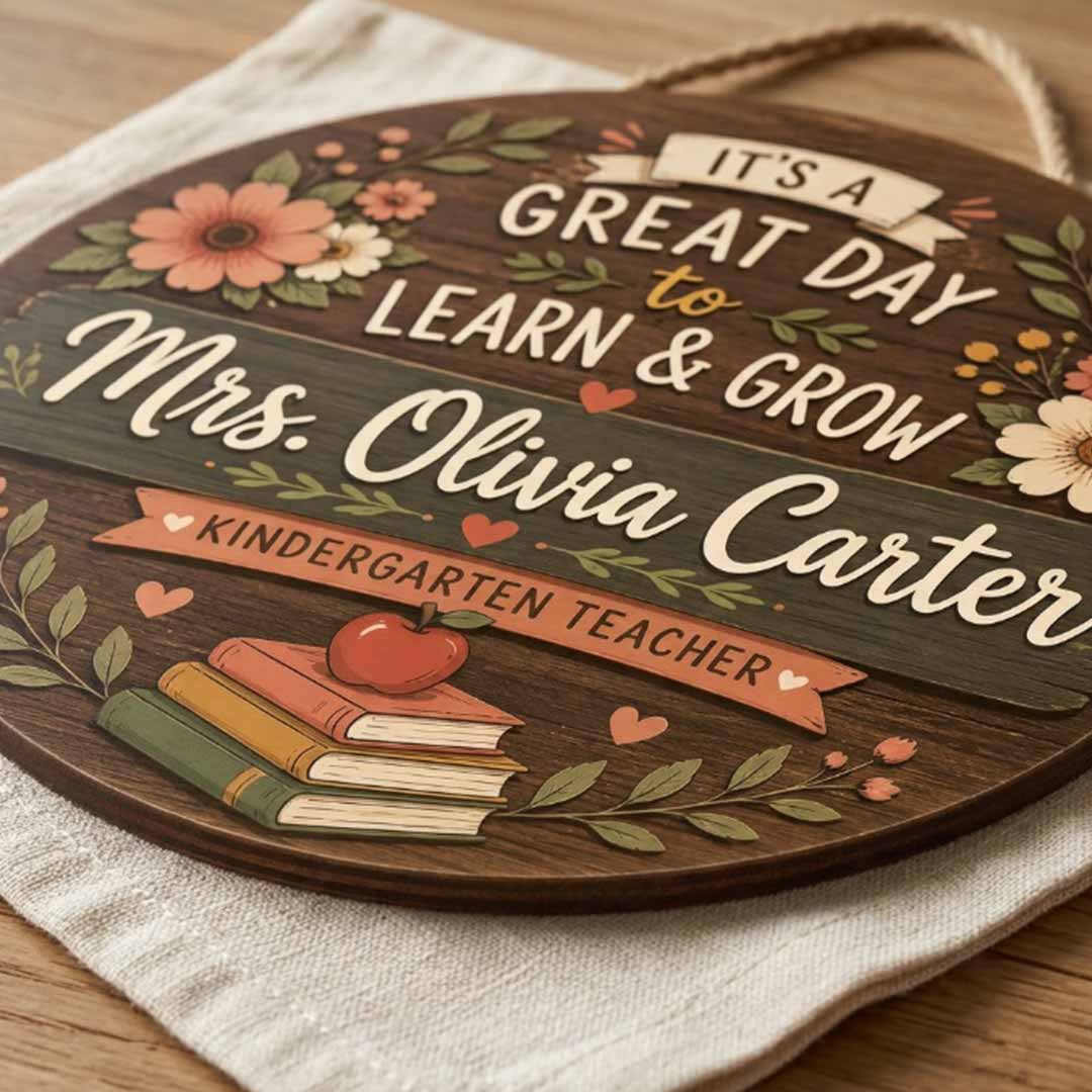 Personalized Teacher Name Wooden Sign Door Hanger Great Day To Learn & Grow Wooden Classroom Decor, Back to School Sign