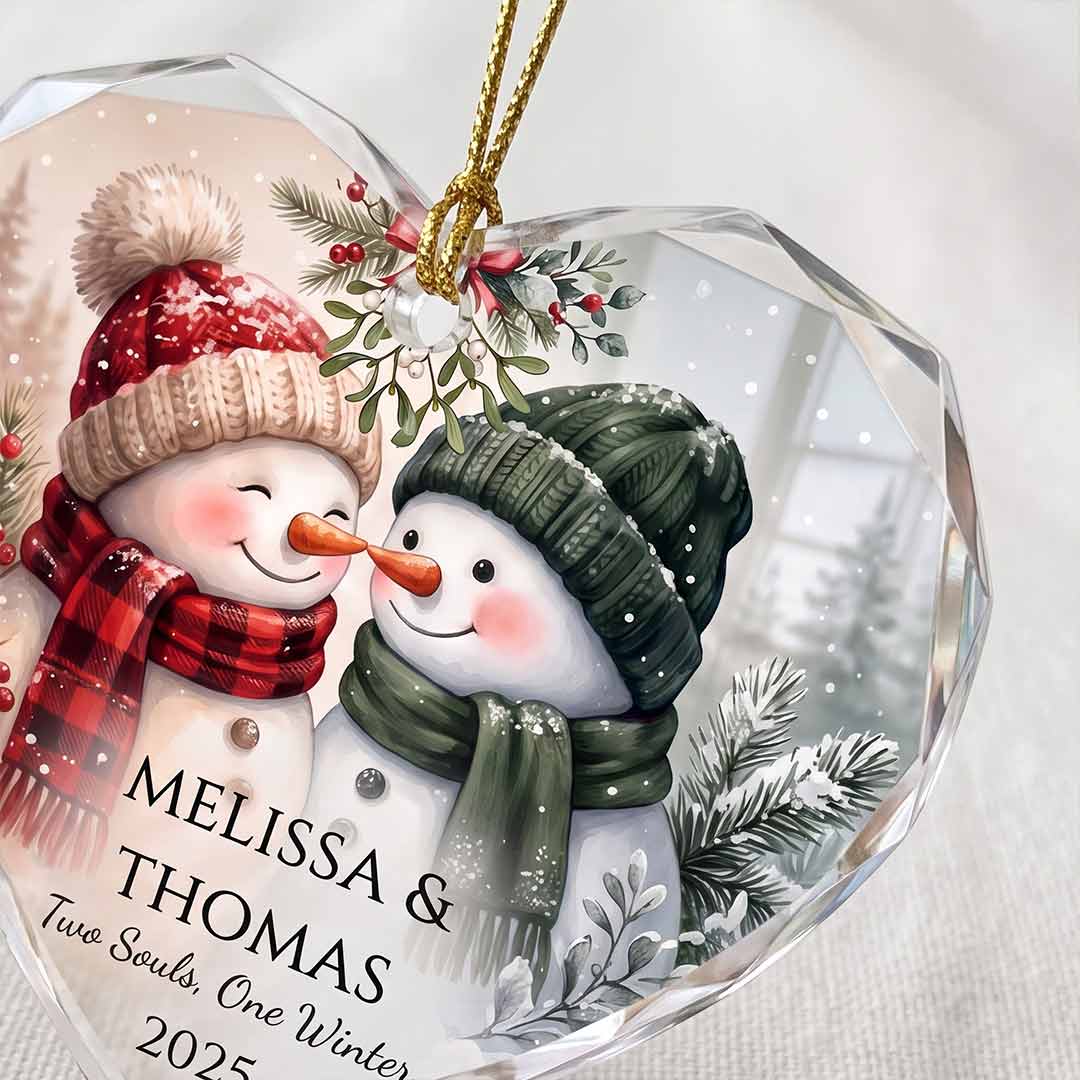 Two Souls One Winter Snowman Couple Personalized Couple Custom Name Date Christmas Gift Heart Glass Christmas Ornament