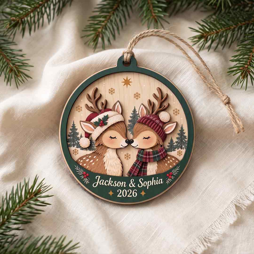 Reindeer Couple Christmas Personalized Custom Name Date Couple 2-Layer Wooden Christmas Ornament Christmas Gift for Couples