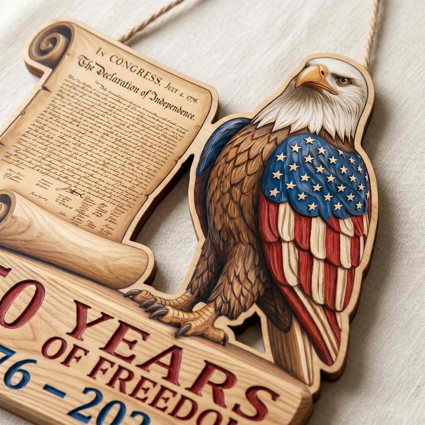 America 250 Wooden Sign Featuring the Declaration of Independence and Bald Eagle