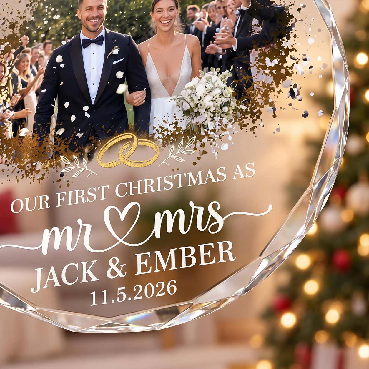 Our First Christmas as Mr & Mrs 2026 Custom Photo Wedding Anniversary Keepsake Round Glass Christmas Ornament