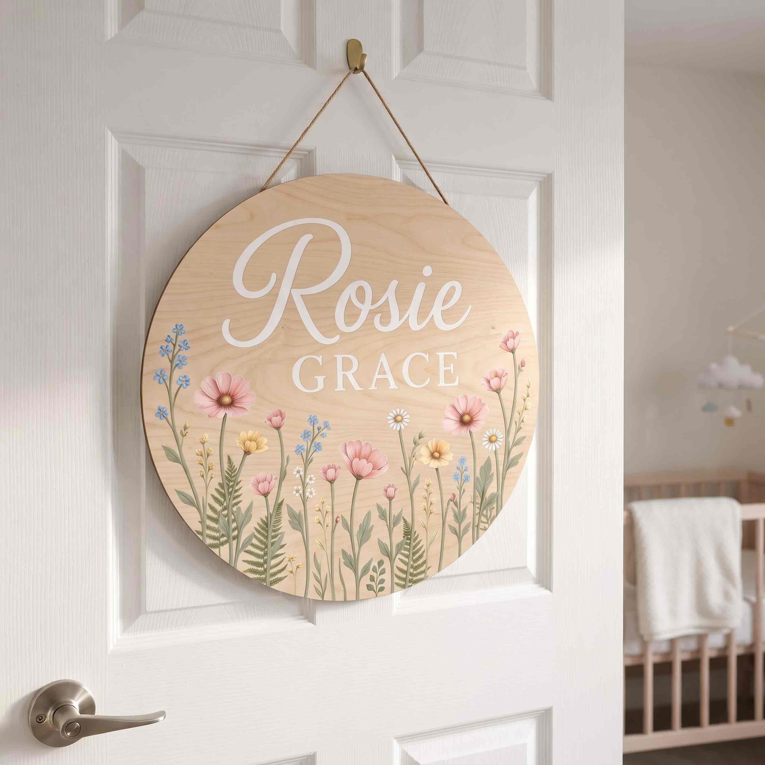 Personalized Wildflower Meadow Nursery Name Sign Wooden Baby Room Decor