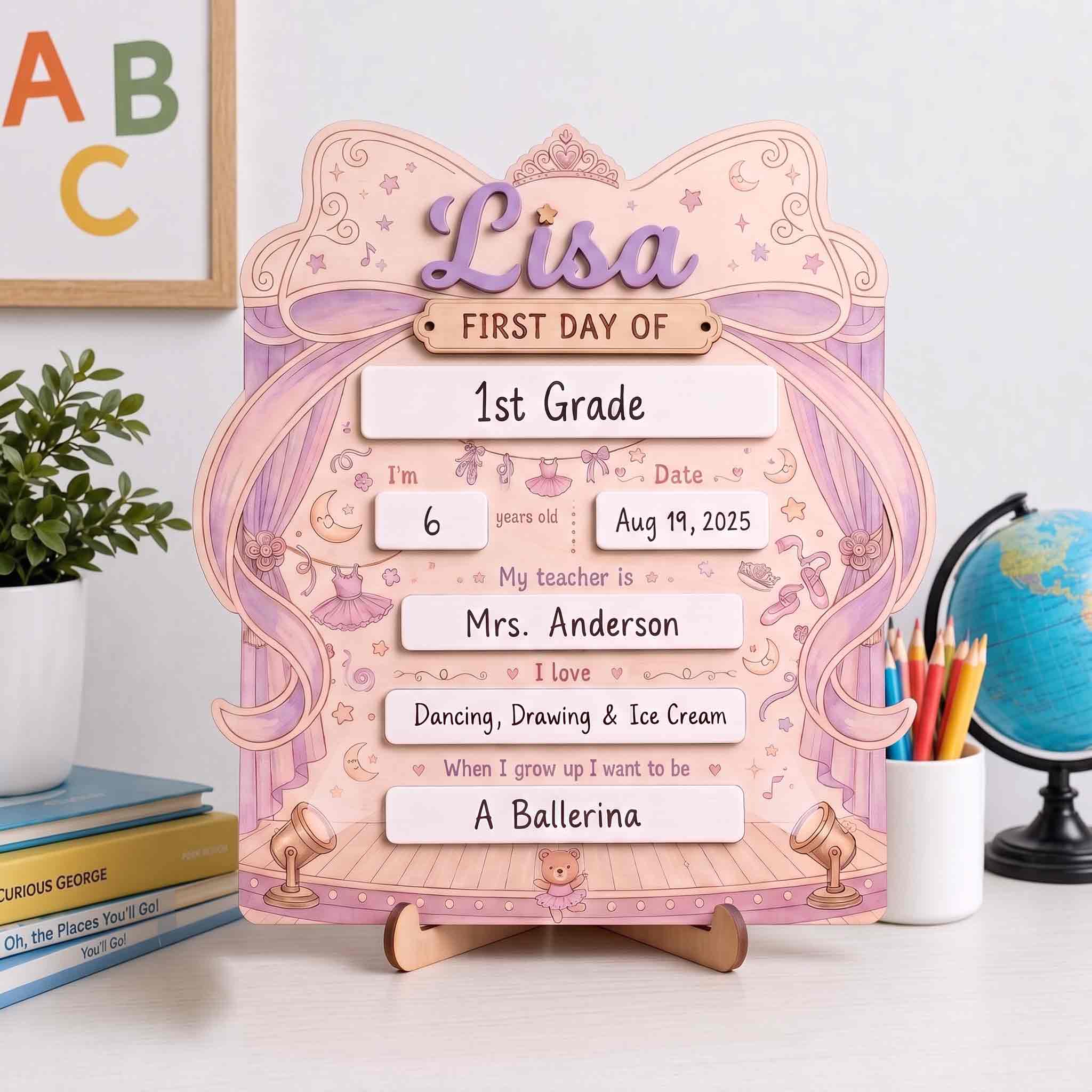 Personalized Princess Bow First Day School Board, Reusable Dry Erase Board, Back to School Sign