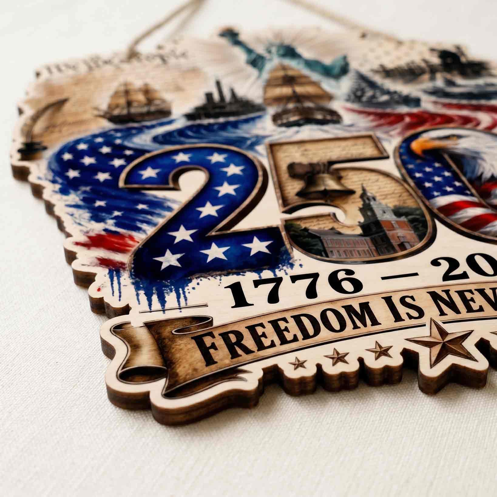 Freedom Is Never Free America 250th Anniversary Eagle Heritage Wooden Sign
