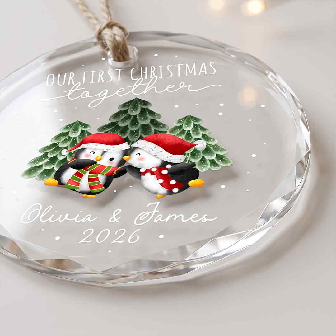 Our First Christmas Cute Penguin Couple Personalized Custom Name Date Couple Round Glass Christmas Ornament for Couples Gift