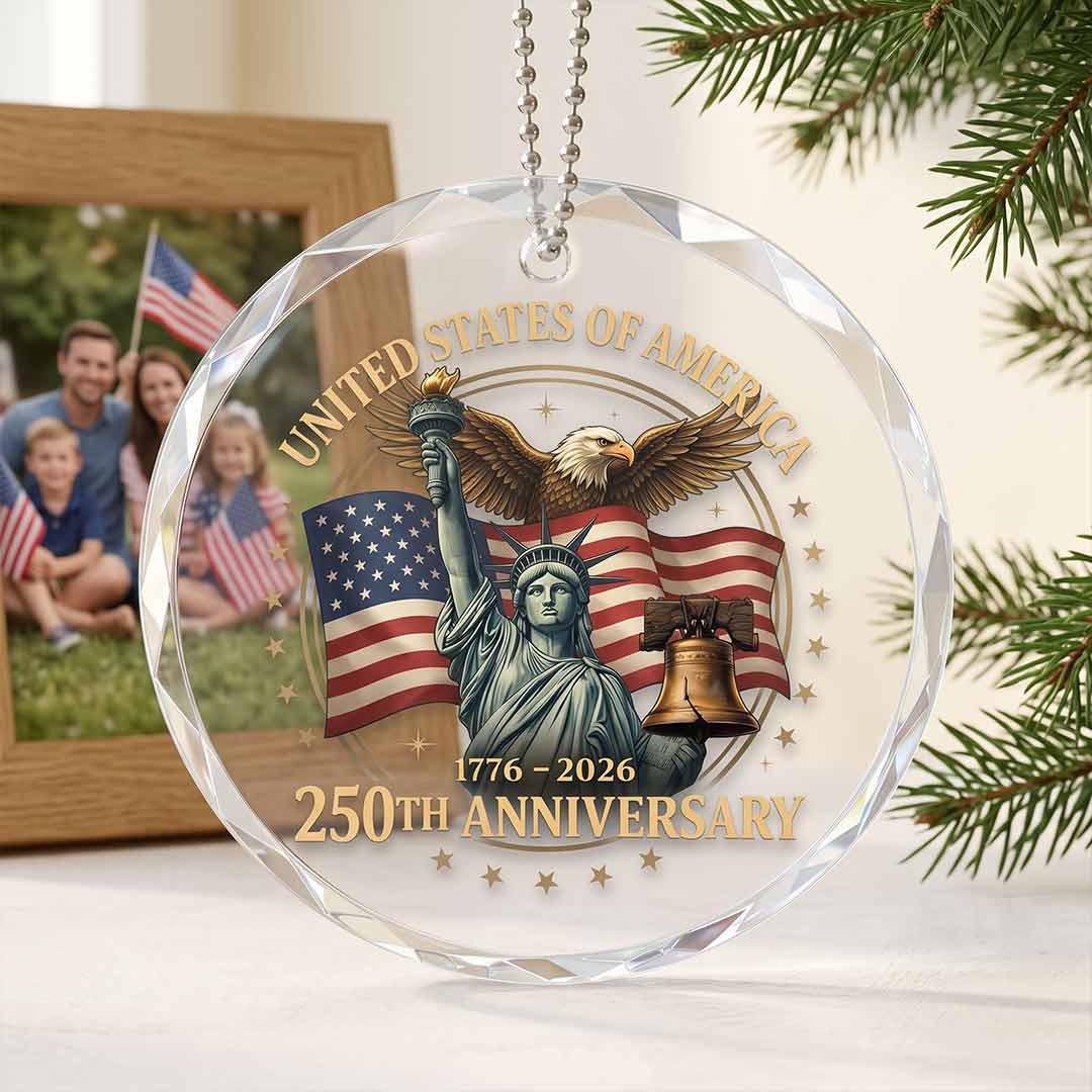 United States Freedom 250 Patriotic American Heritage Independence Round Glass Christmas Ornament