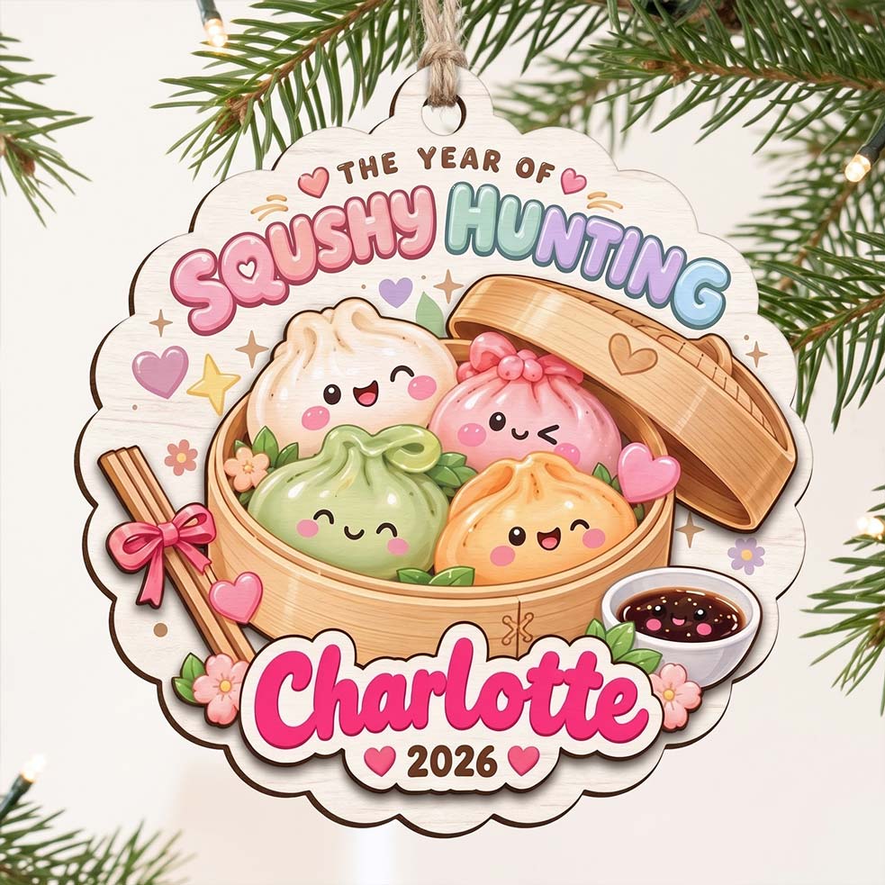 Squishy Hunting Dumpling Basket Custom Name Date Wooden Ornament Foodie
