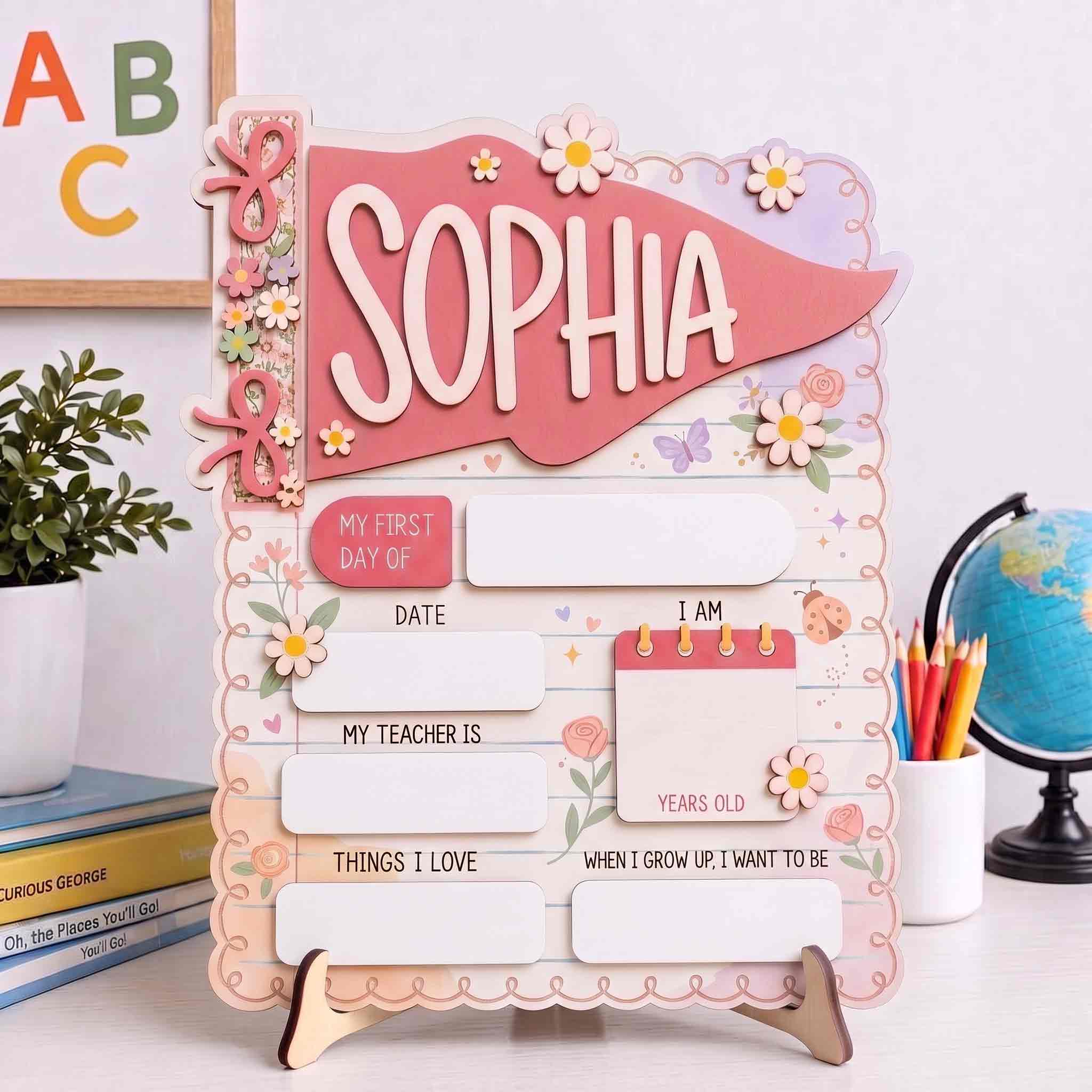 Personalized Floral Stationery Style First & Last Day School Sign, Reusable Dry Erase Board, Back to School Sign