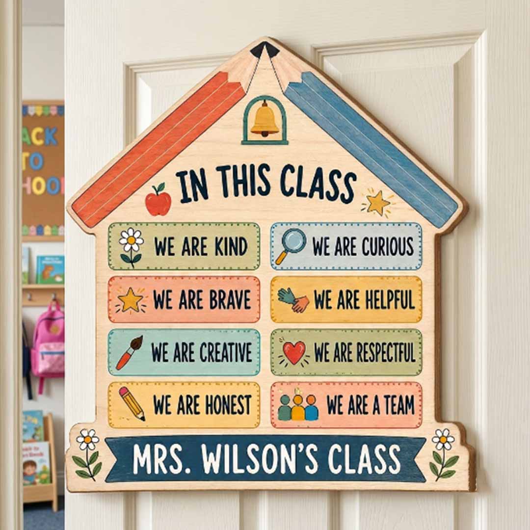 Personalized Teacher Name Wooden Sign Door Hanger Composition Book Classroom Rules Wooden Classroom Decor, Back to School Sign