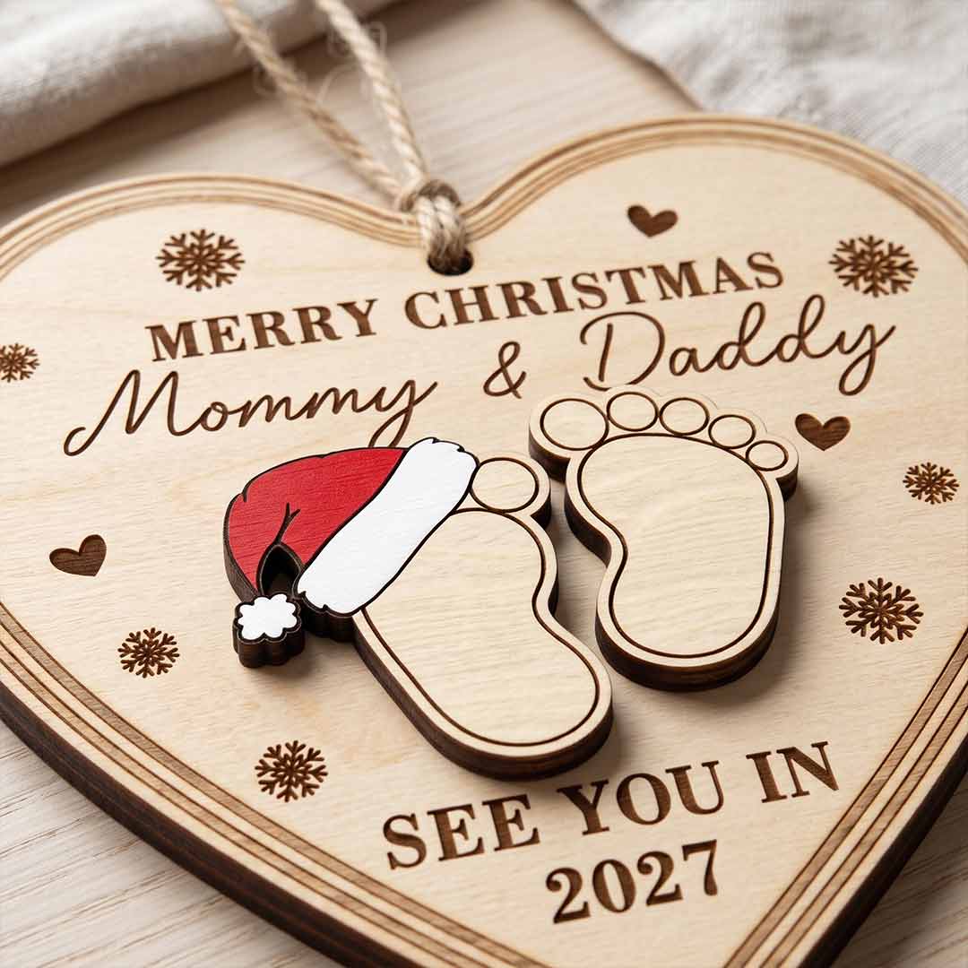Merry Christmas Mommy and Daddy See You in 2027 Personalized Custom Name Date Newborn 2-Layer Wooden Christmas Ornament for Pregnancy Announcement