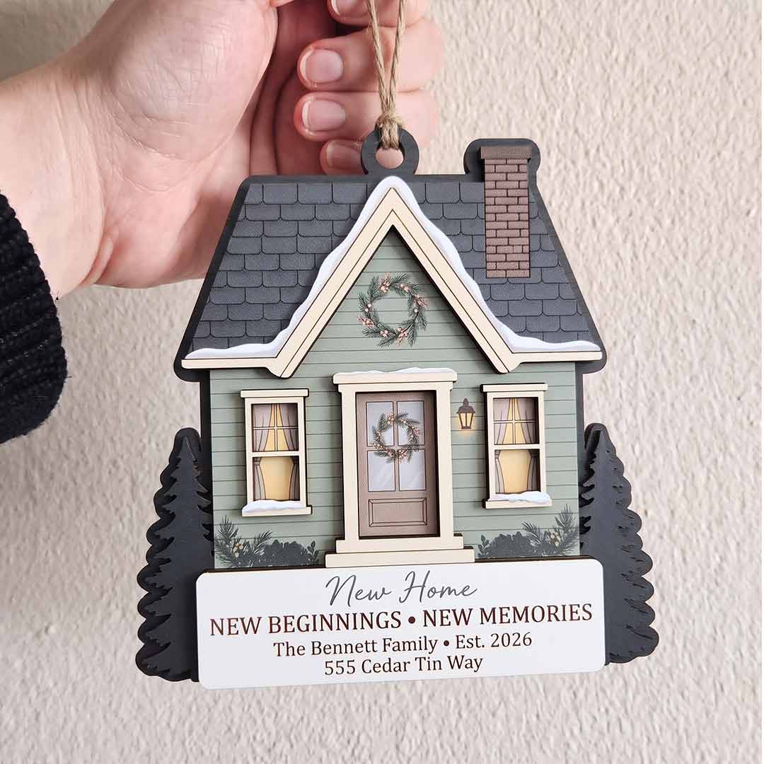 New Home New Beginnings New Memories Personalized Custom Name Date Address Wooden Ornament